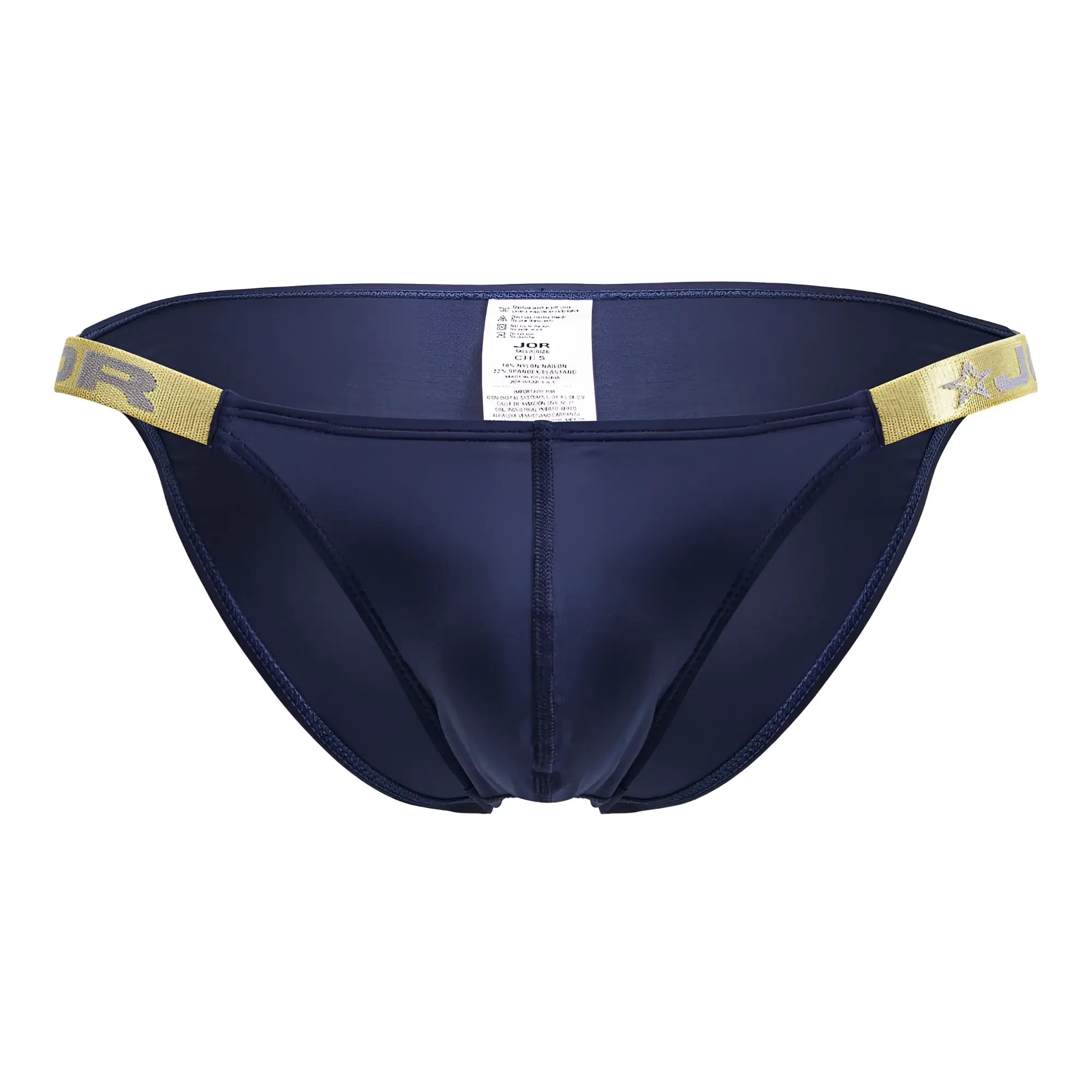 Navy blue satin briefs with gold elastic waistband and star logo in JOR 2156 eros bikini color petrol design