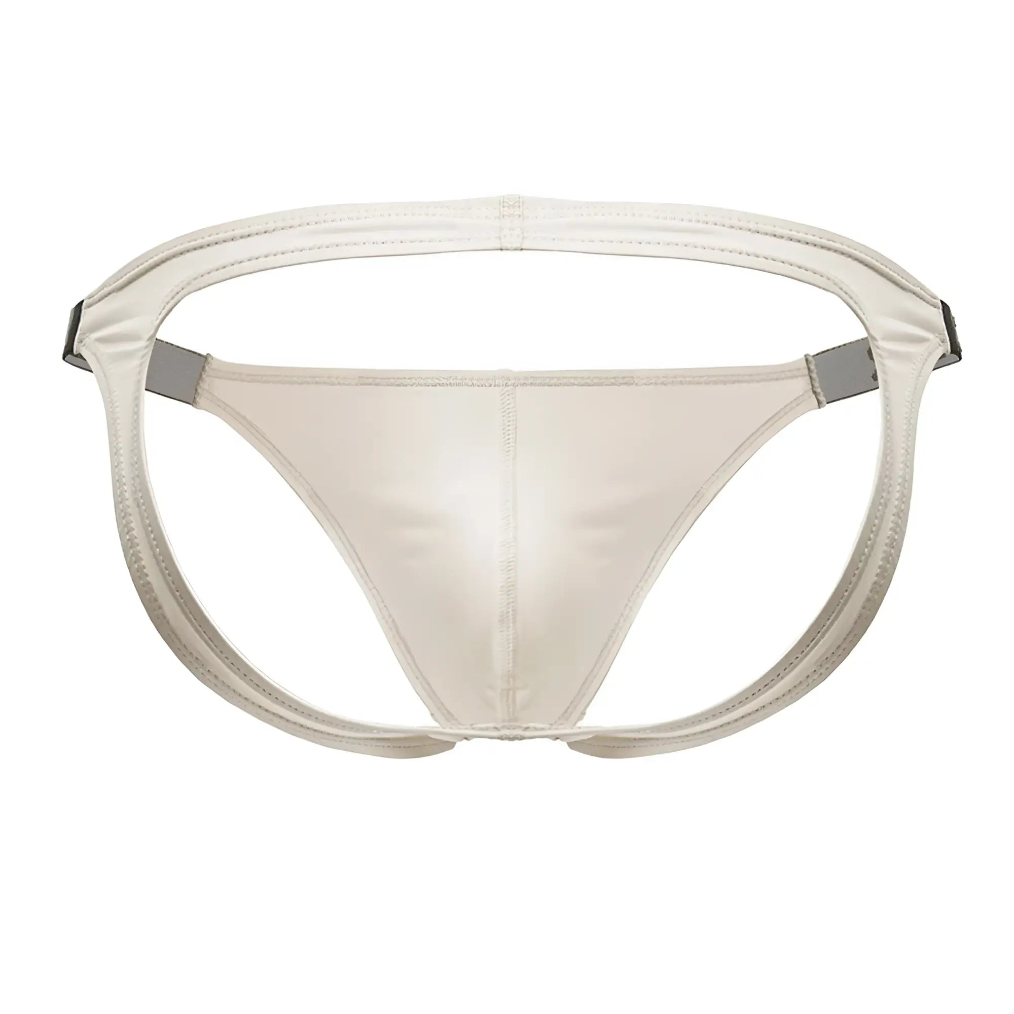 Cream-colored satin jor 2157 eros jockstrap briefs with sleek minimalist design and gray metallic side accents