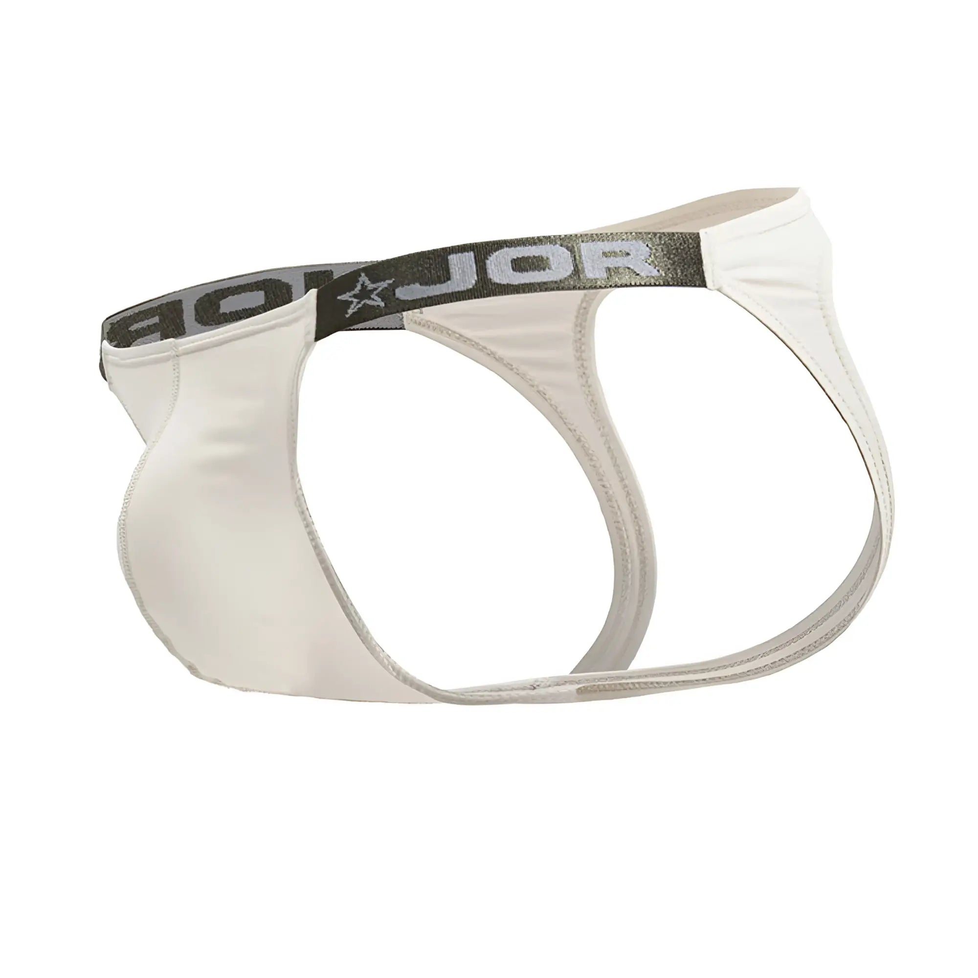 White men’s briefs with black elastic waistband featuring jor brand name and star logo in beige color jockstrap style