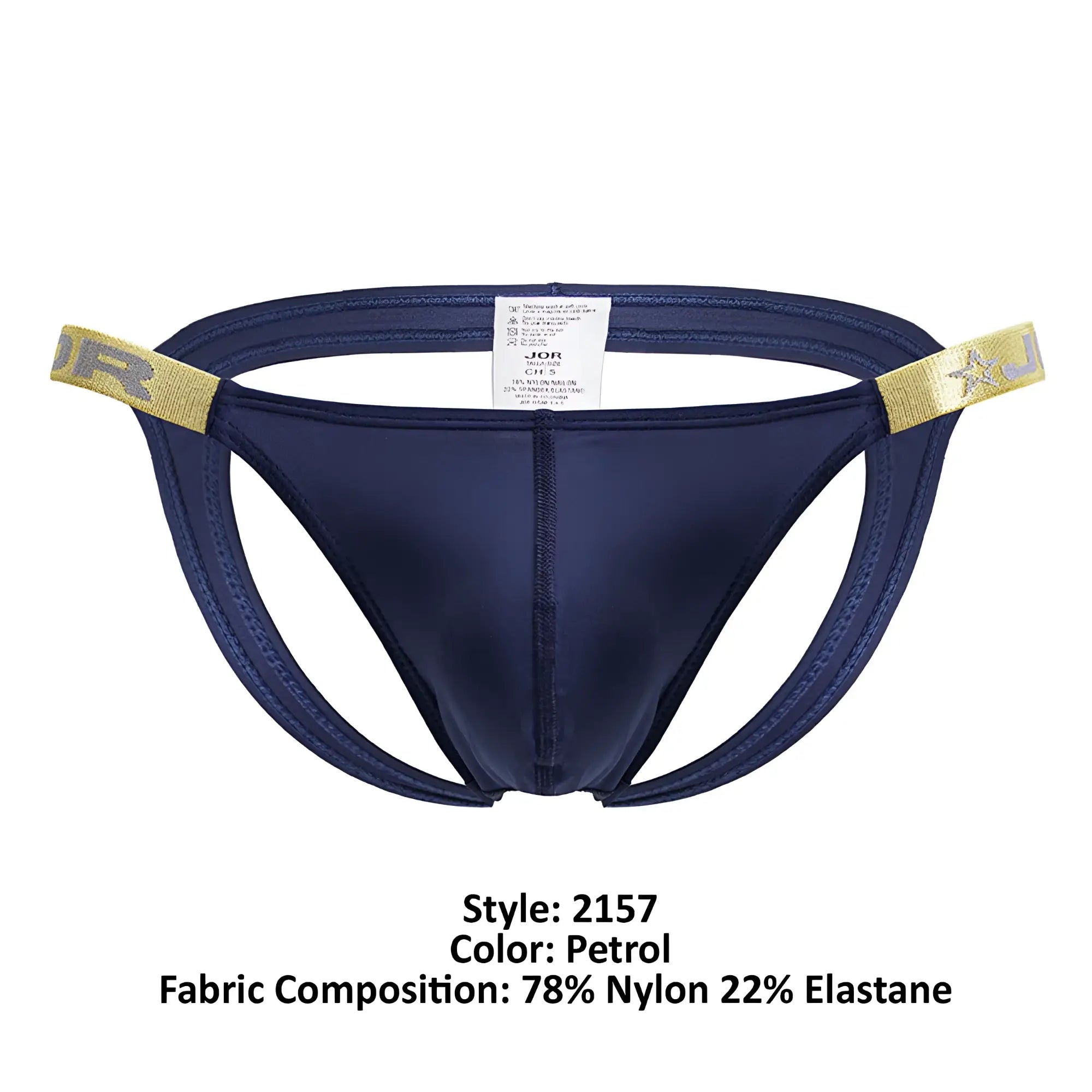 Dark blue jor 2157 eros jockstrap thong with gold-trimmed waistband and star logo in petrol color