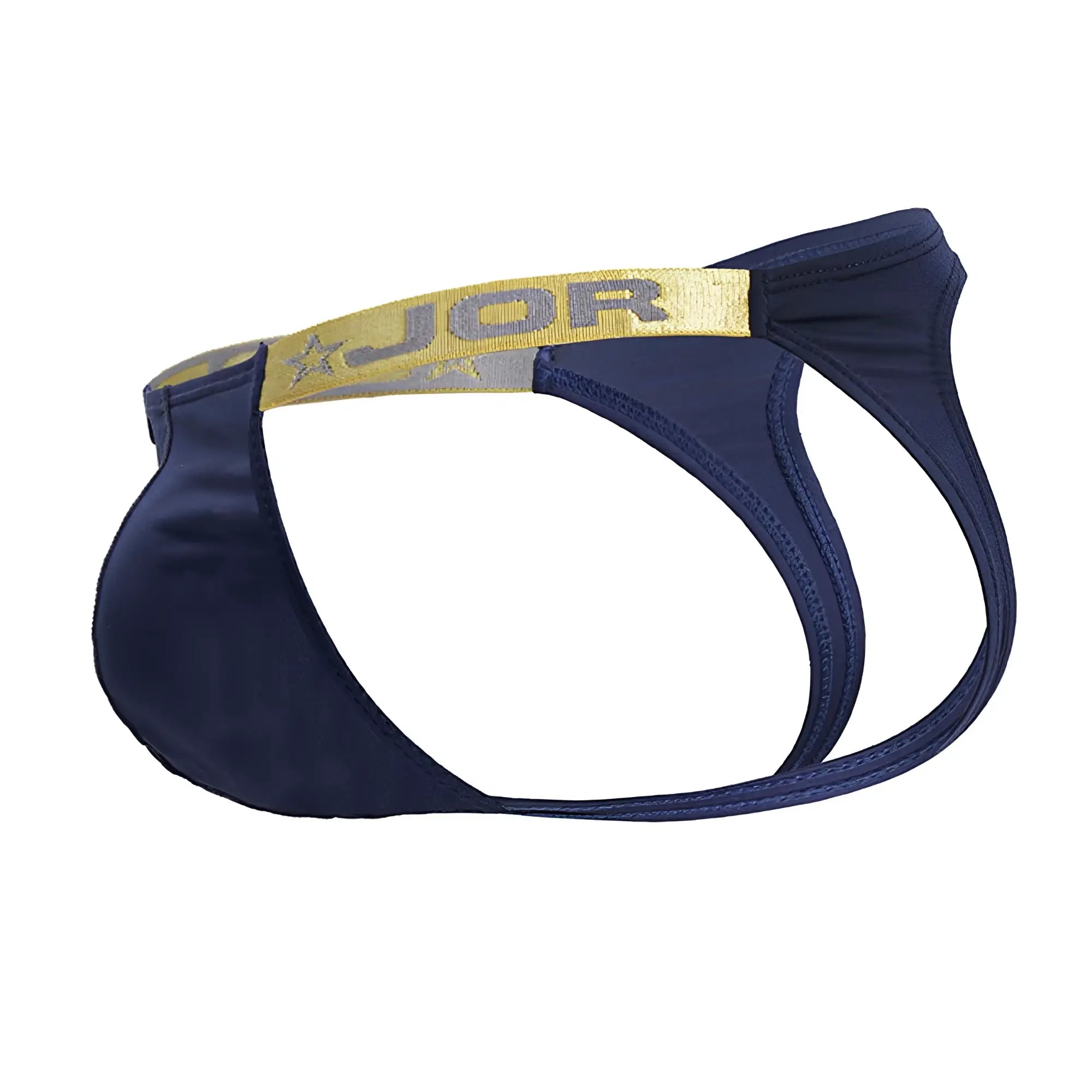 Navy blue jor 2157 eros jockstrap thong with gold and silver logo waistband in petrol color