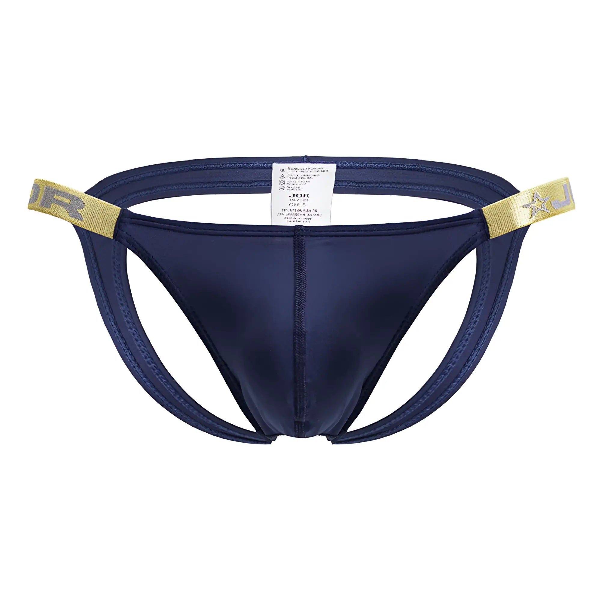 Navy blue satin briefs with gold trim and star logo detailing from jor 2157 eros jockstrap color petrol collection