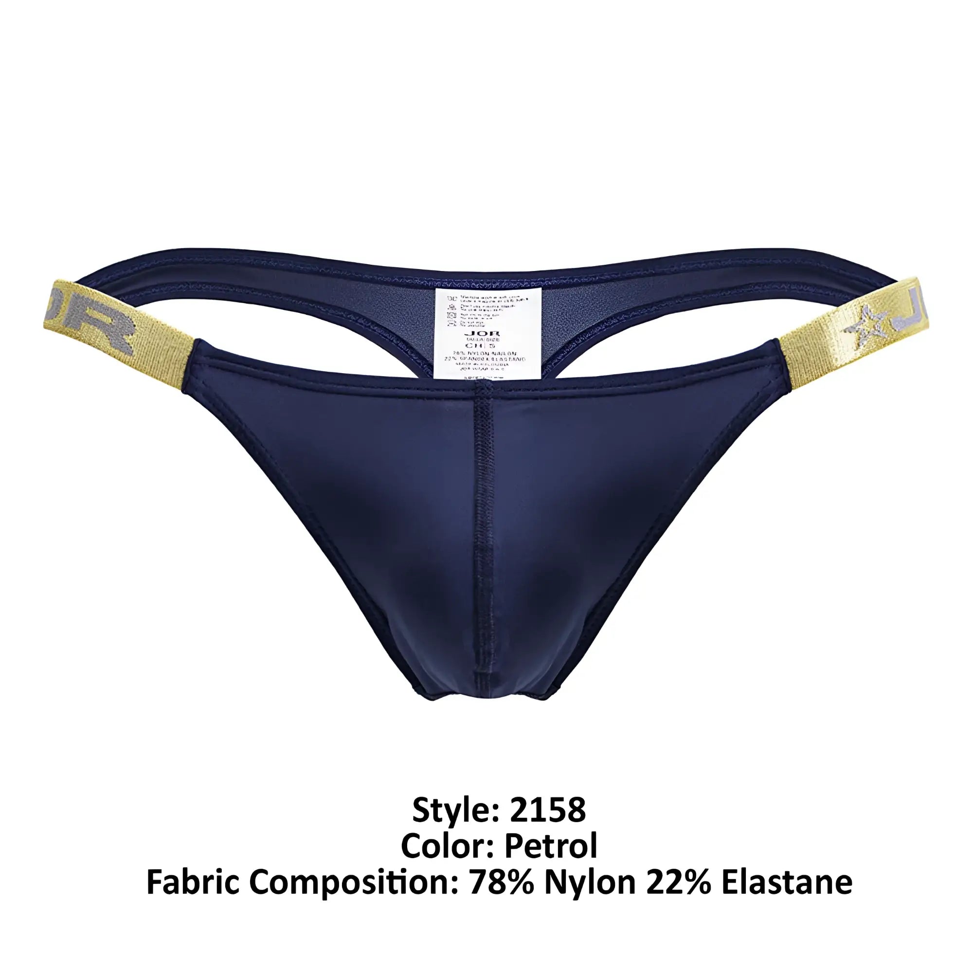 Navy blue jon brand thong with gold-trimmed waistband and star logo in jor 2158 eros thongs color petrol