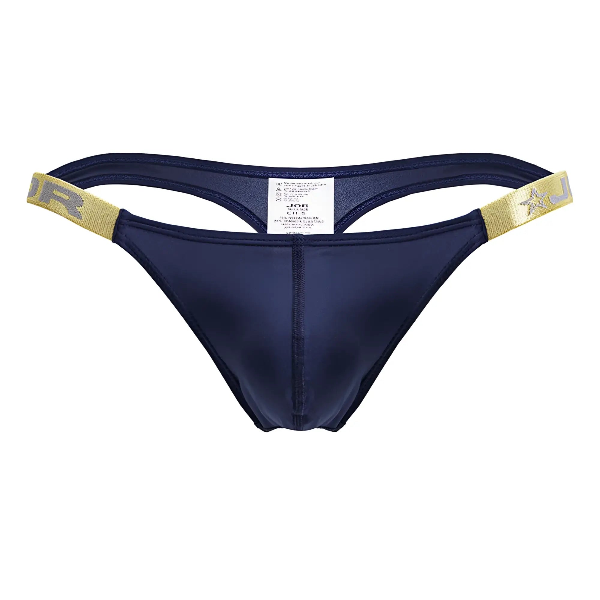 Navy blue satin thong with gold elastic waistband featuring star and jr logo from jor 2158 eros thongs color petrol