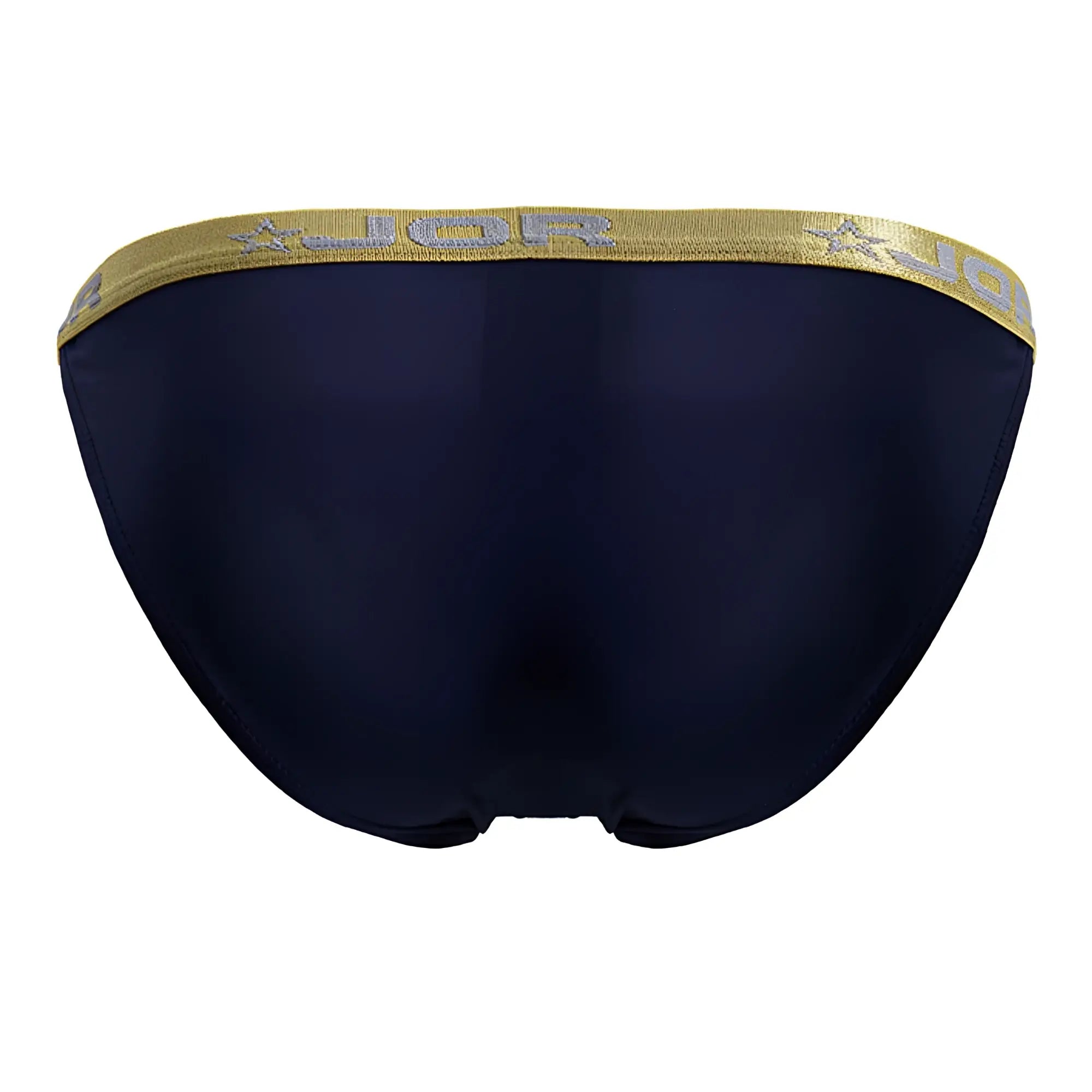 Navy blue jor 2159 ares bikini briefs with gold elastic waistband and silver star and logo embroidery