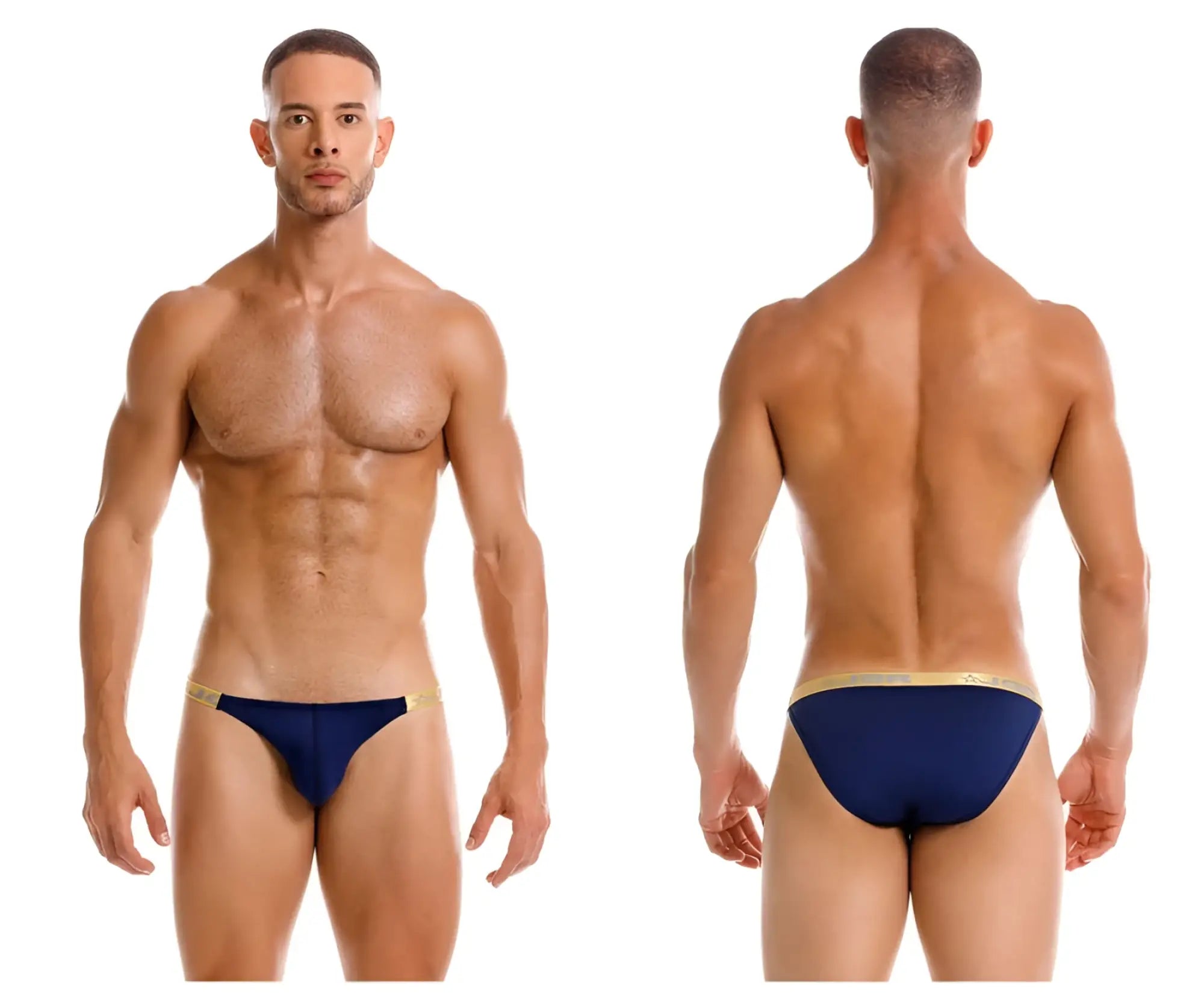 Navy blue JOR 2159 Ares bikini briefs featuring a gold trim waistband designed for comfortable wear