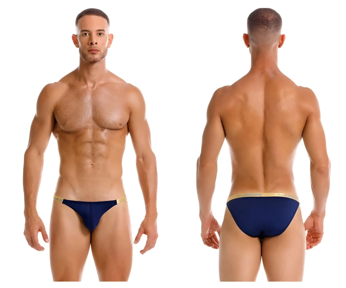 Navy blue JOR 2159 Ares bikini briefs featuring a gold trim waistband designed for comfortable wear