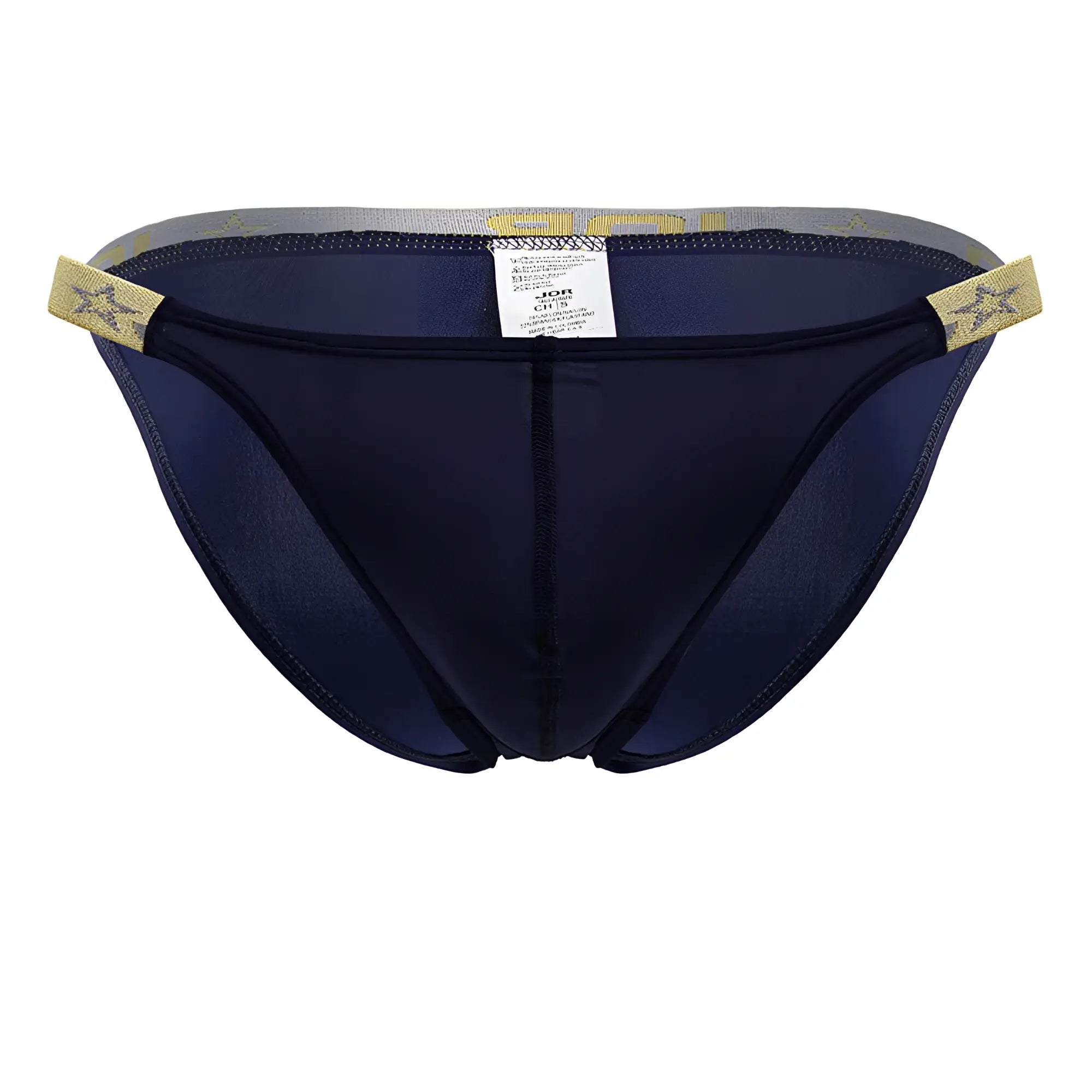 Navy blue mesh briefs with gold star-patterned elastic waistband and side tabs jor 2159 ares bikini color blue