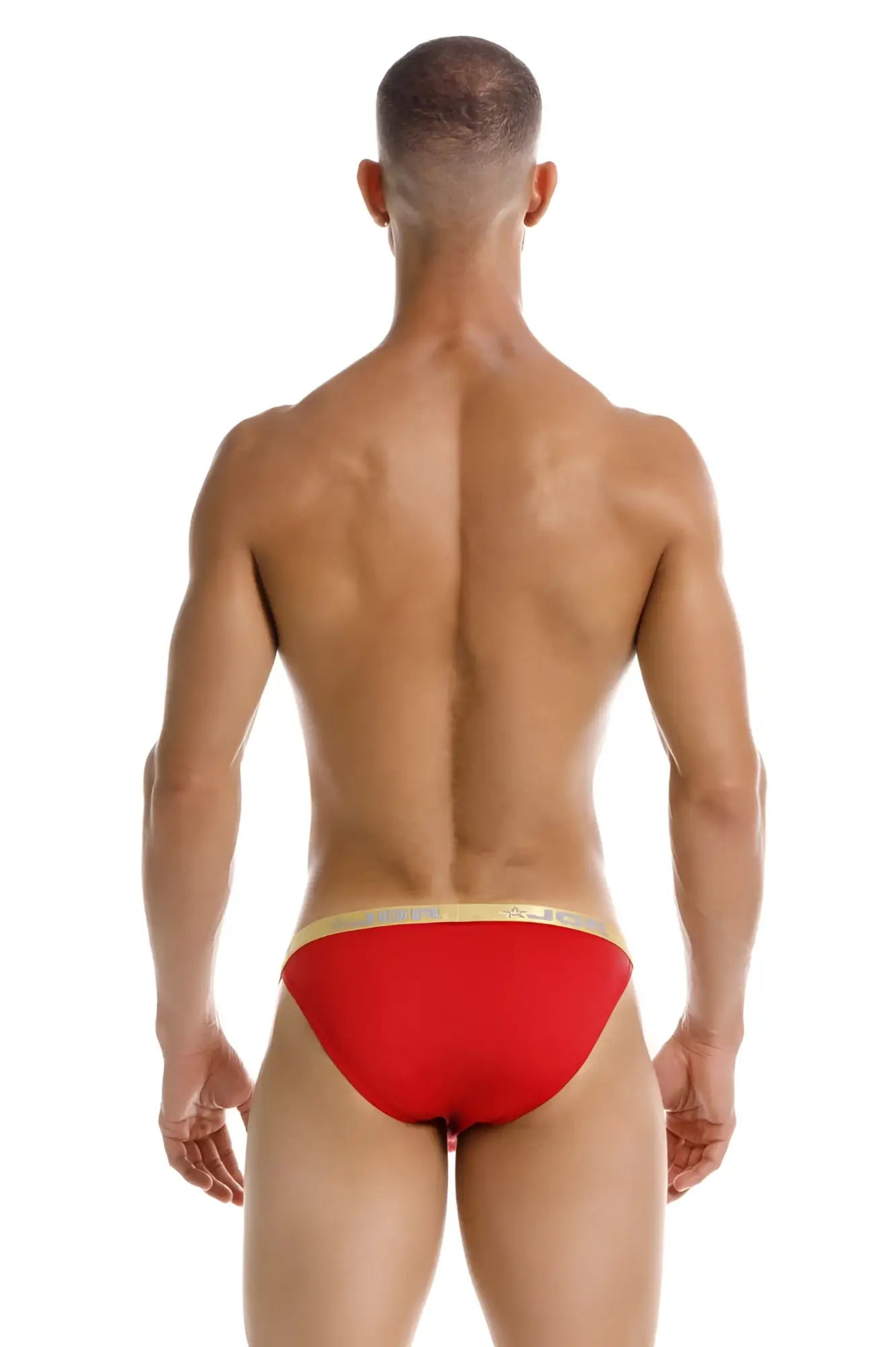 Red jor 2159 ares bikini briefs with gold trim showing front view for stylish swimwear use