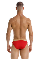 Red jor 2159 ares bikini briefs with gold trim showing front view for stylish swimwear use