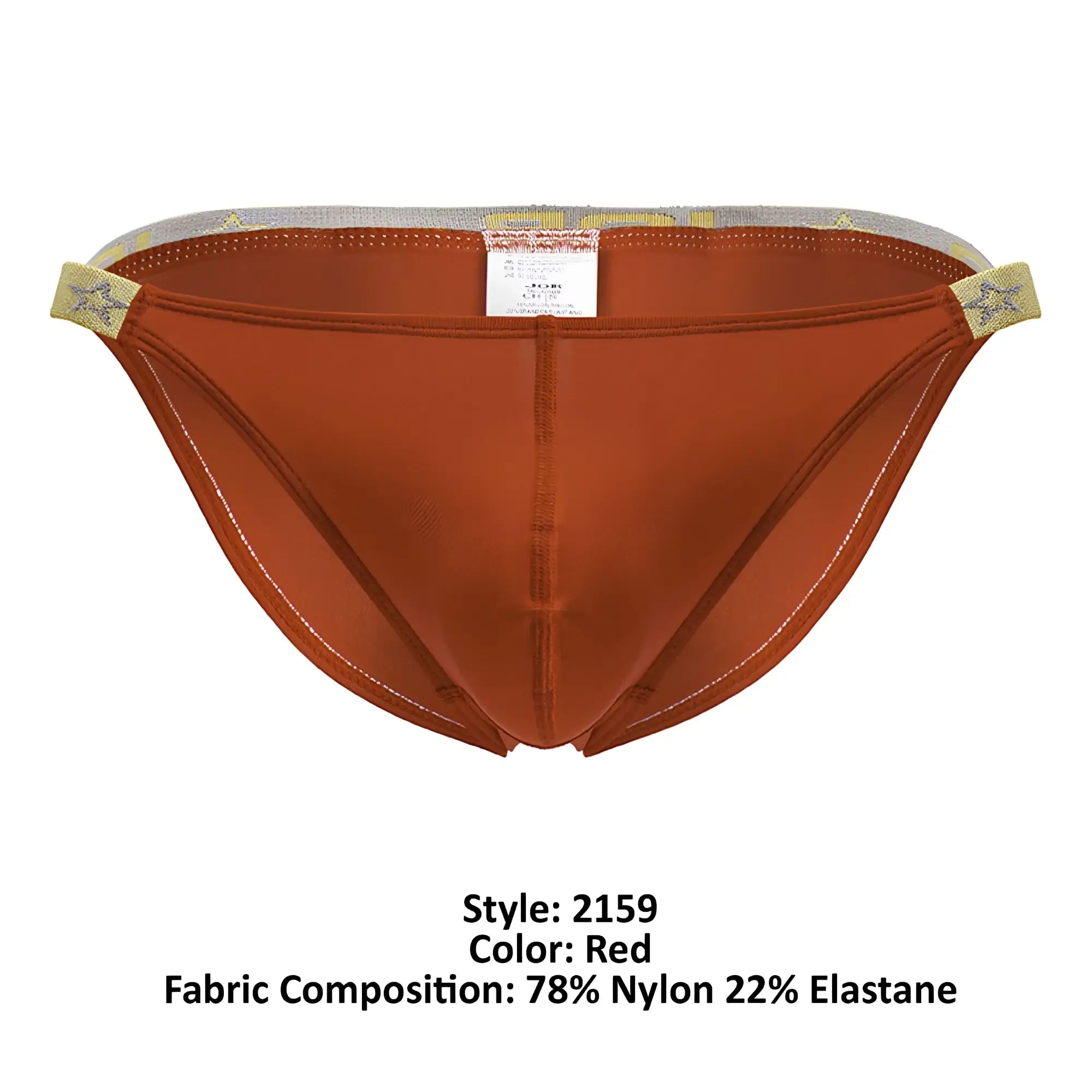 Red jor 2159 ares bikini briefs with satin finish gold star waistband and white stitching on seams