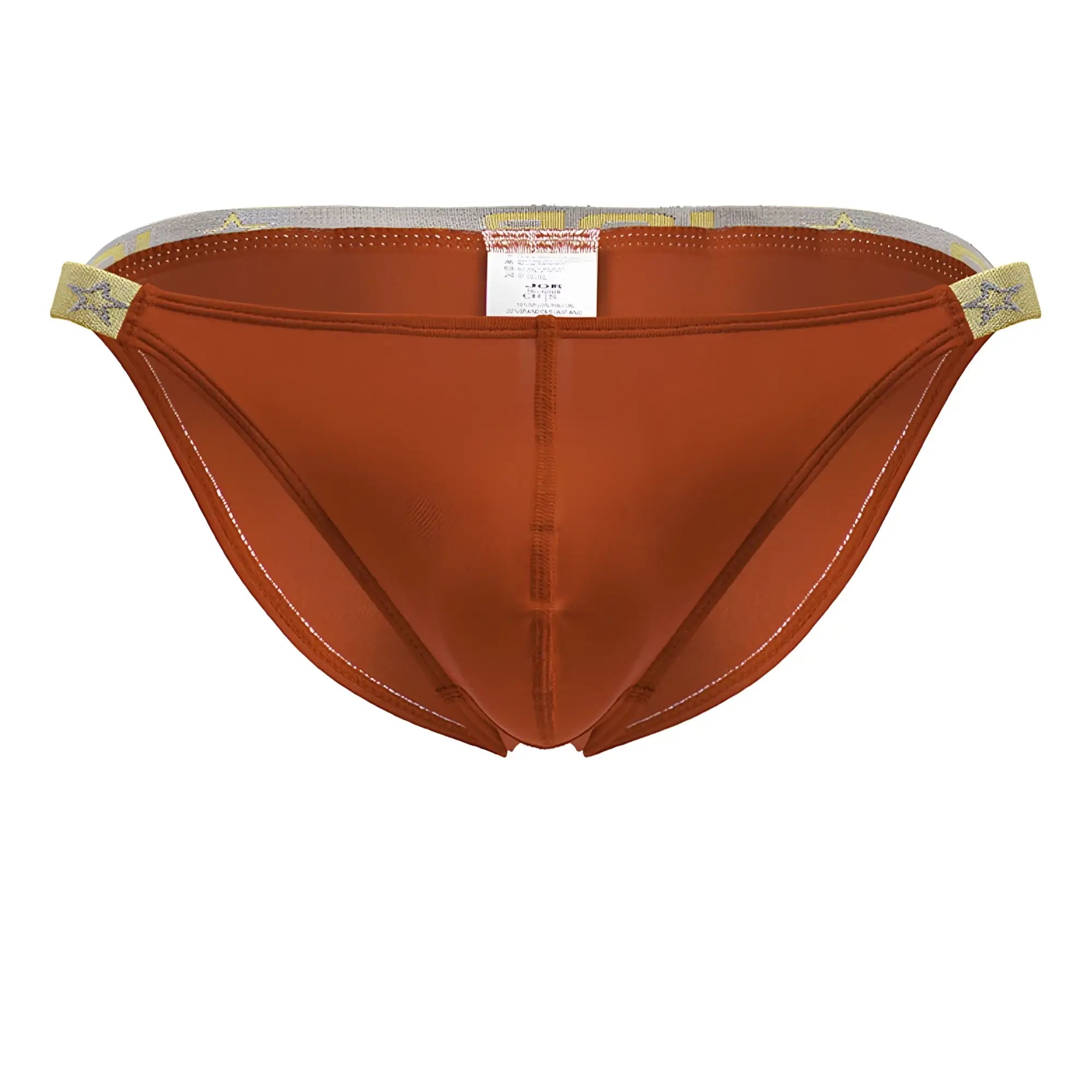 Rust-colored satin briefs jor 2159 ares bikini with star-patterned elastic waistband and white stitching