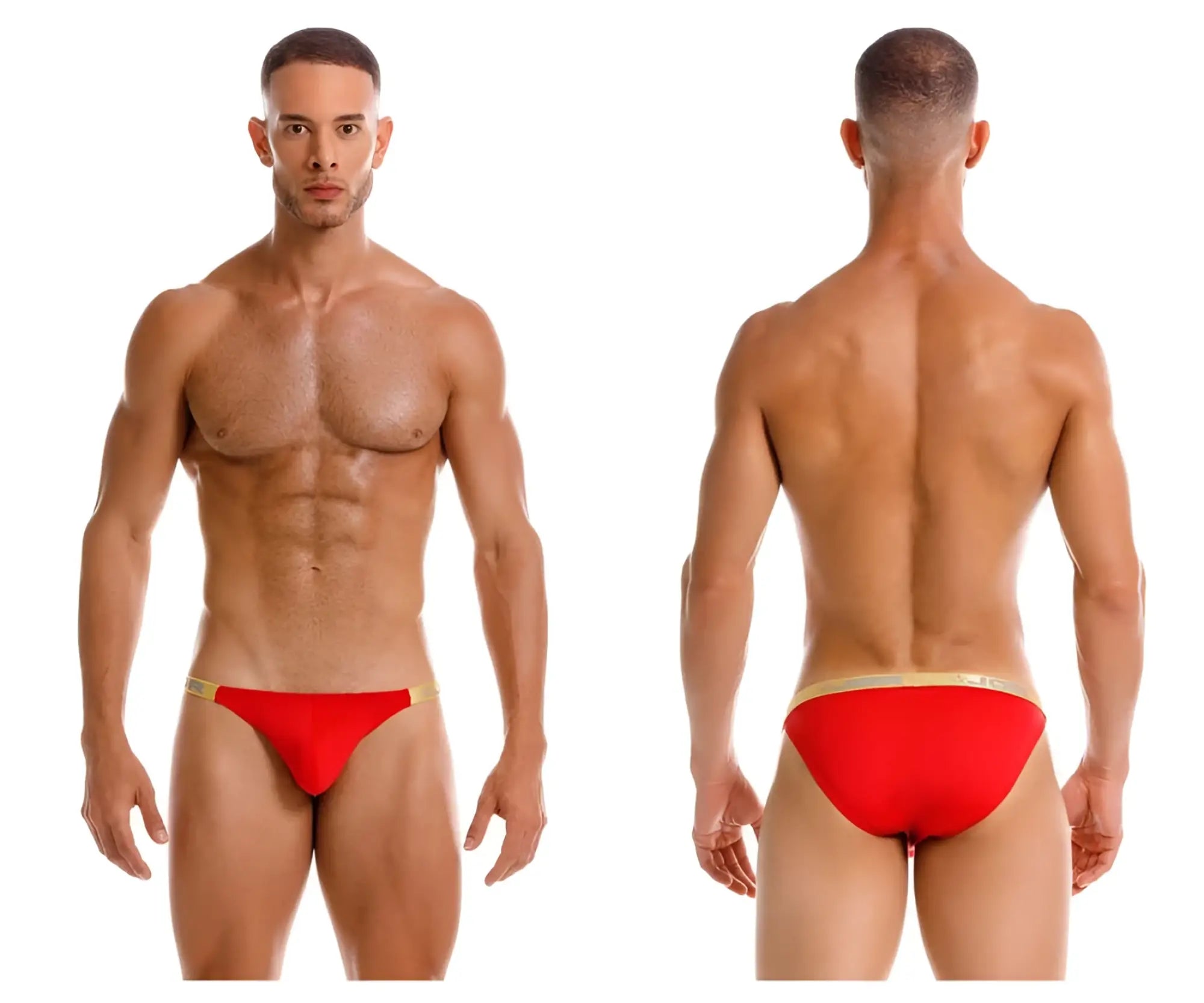 Red jor 2159 ares bikini swim trunks with gold trim designed for beach and pool use
