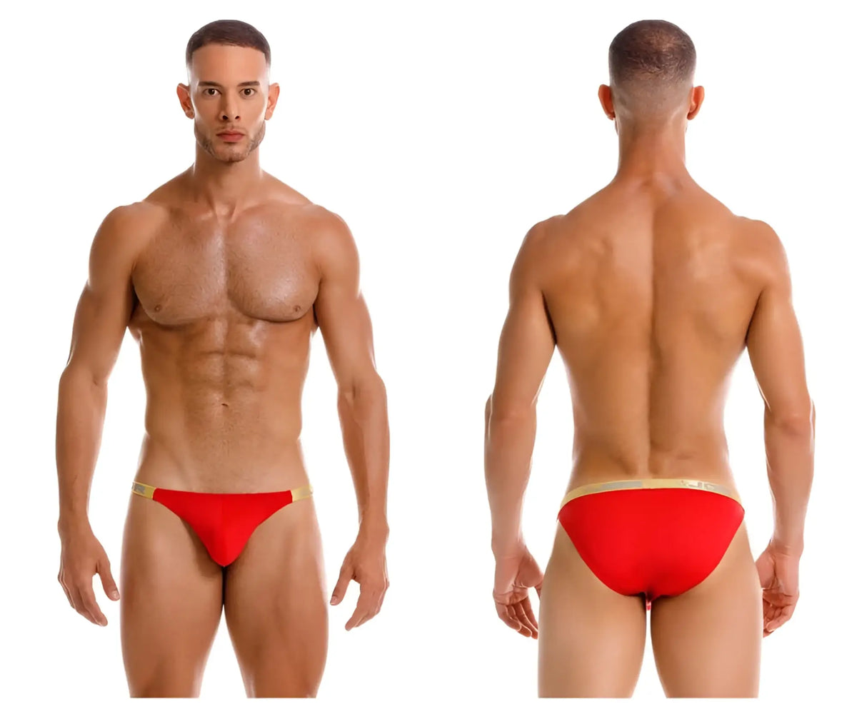 Red jor 2159 ares bikini swim trunks with gold trim designed for beach and pool use