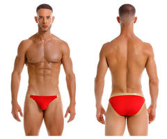 Red jor 2159 ares bikini swim trunks with gold trim designed for beach and pool use