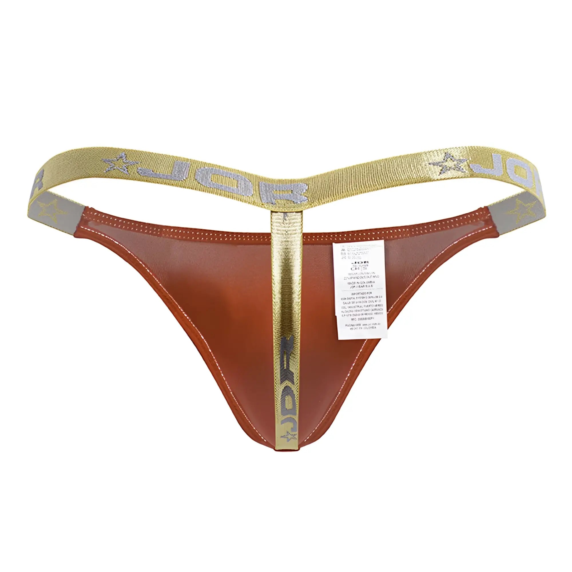 Red jor 2161 ares thong in brown leather with gold trim and star-patterned branding visible on the back side