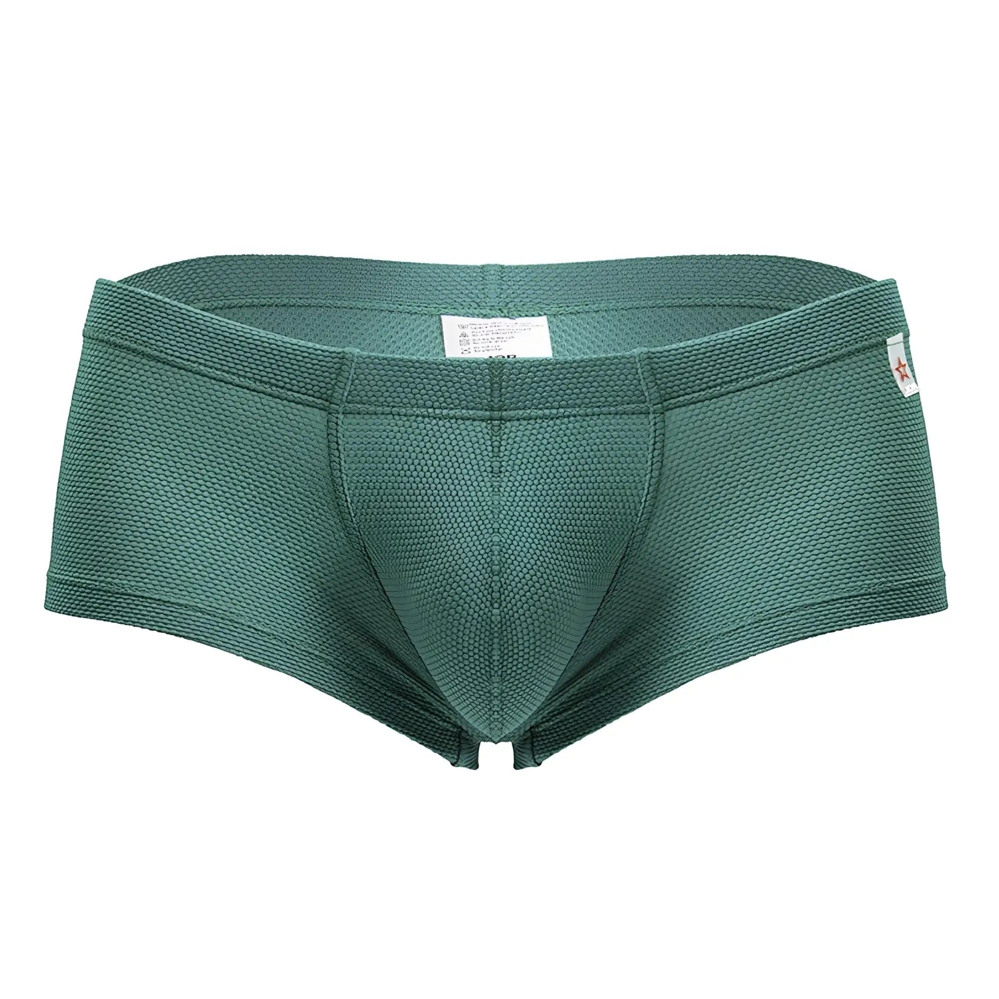 Dark green textured men’s briefs jor 2166 nova trunks with woven fabric pattern and red star logo on waistband