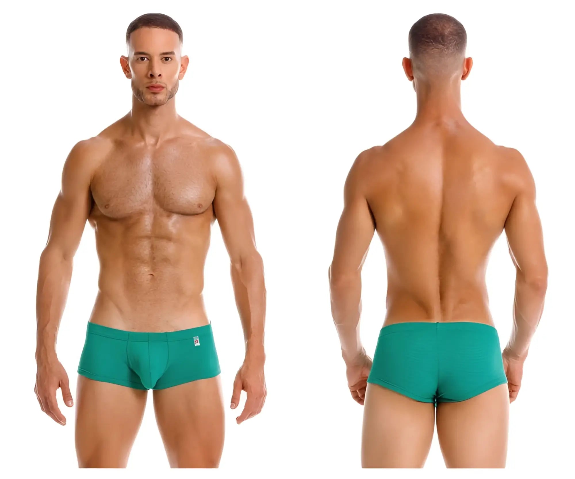 Teal-colored men’s swim trunks with a small logo on the waistband designed for casual beachwear use