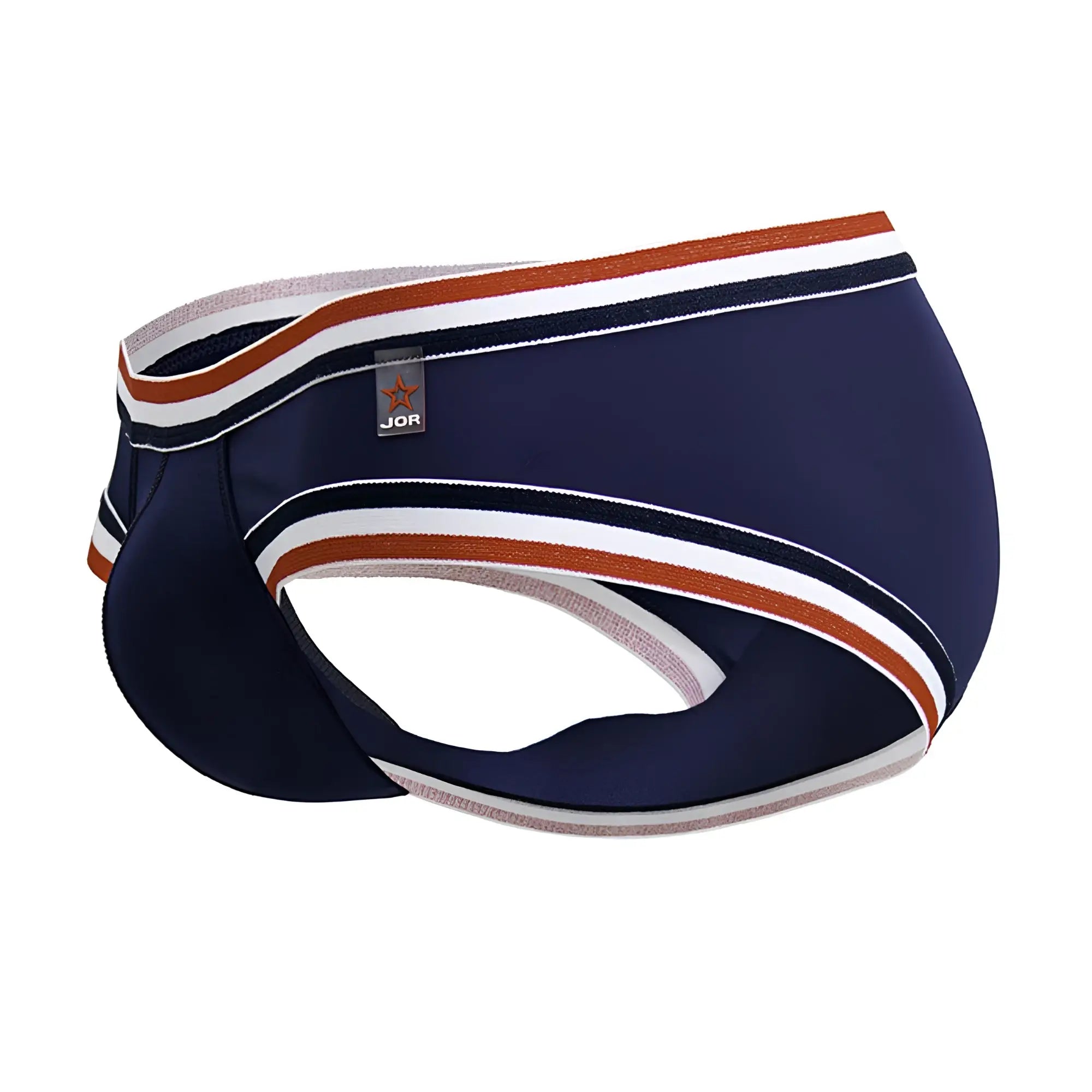 Navy blue jor 2169 martini briefs for men with white and rust-colored striped trim front view