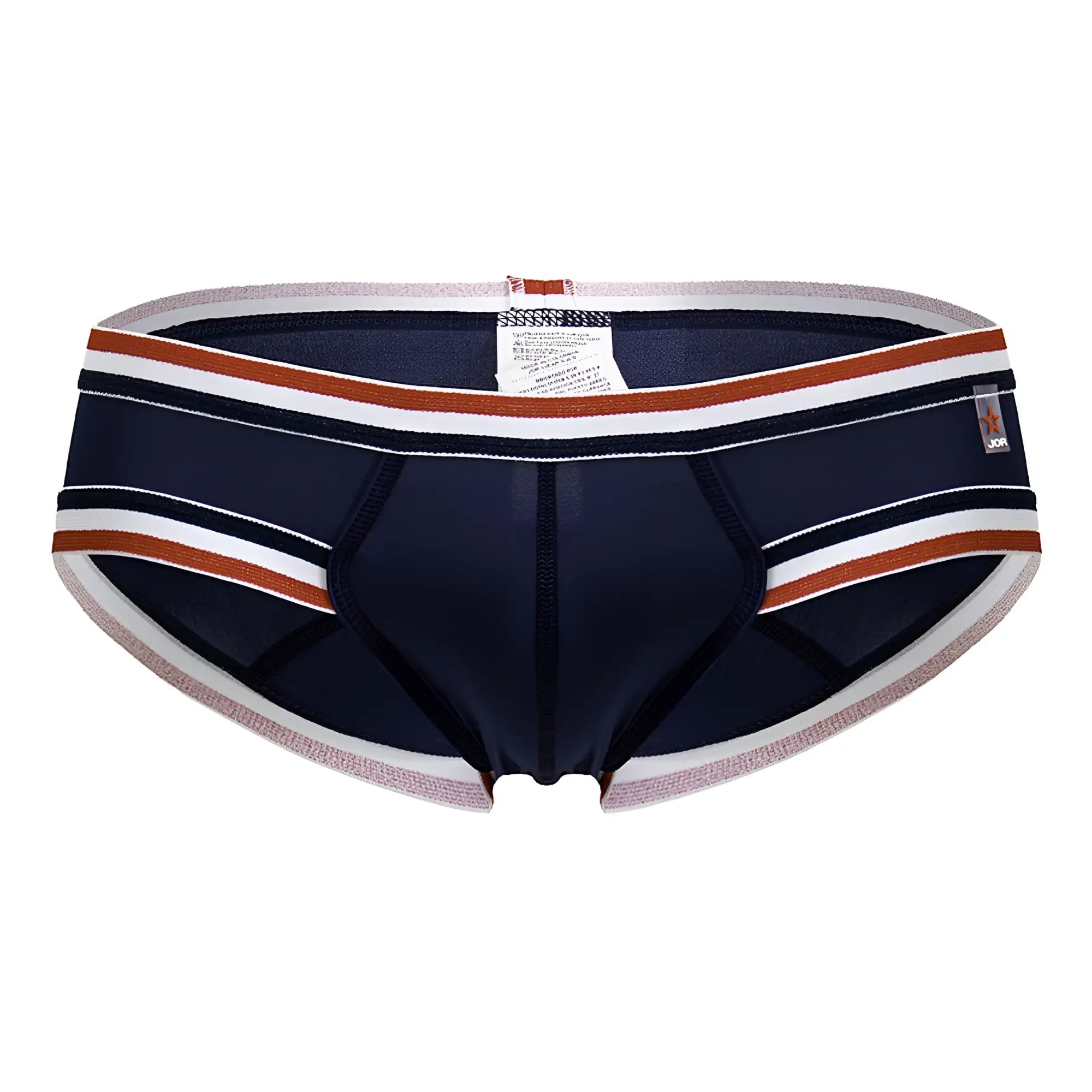 Navy blue jor 2169 martini briefs with white and rust striped trim made from soft breathable fabric for men