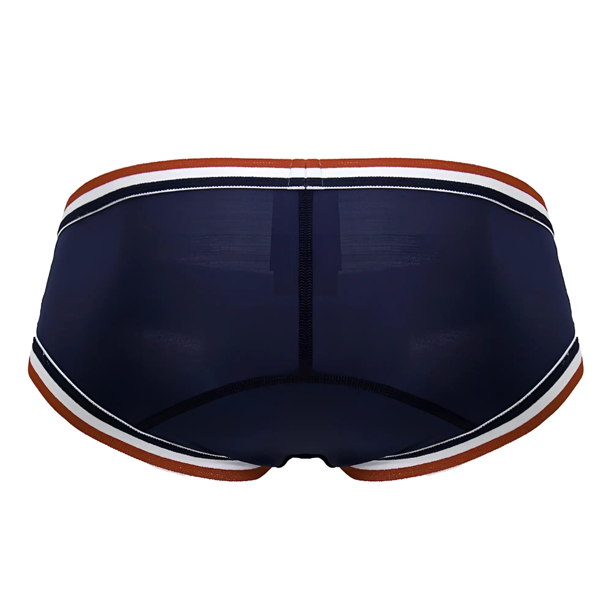 Navy blue jor 2169 martini briefs with orange white and black striped trim made of breathable mesh fabric