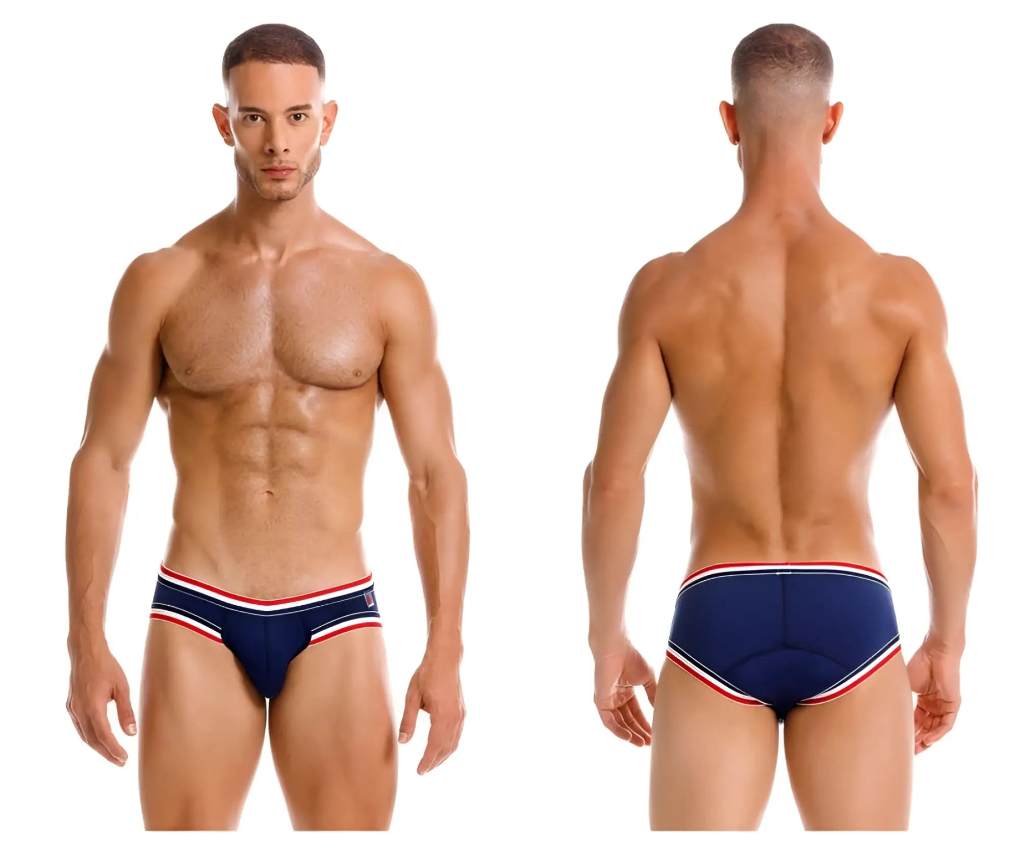 Navy blue jor 2169 martini briefs with red and white striped trim swim trunks for casual beach wear