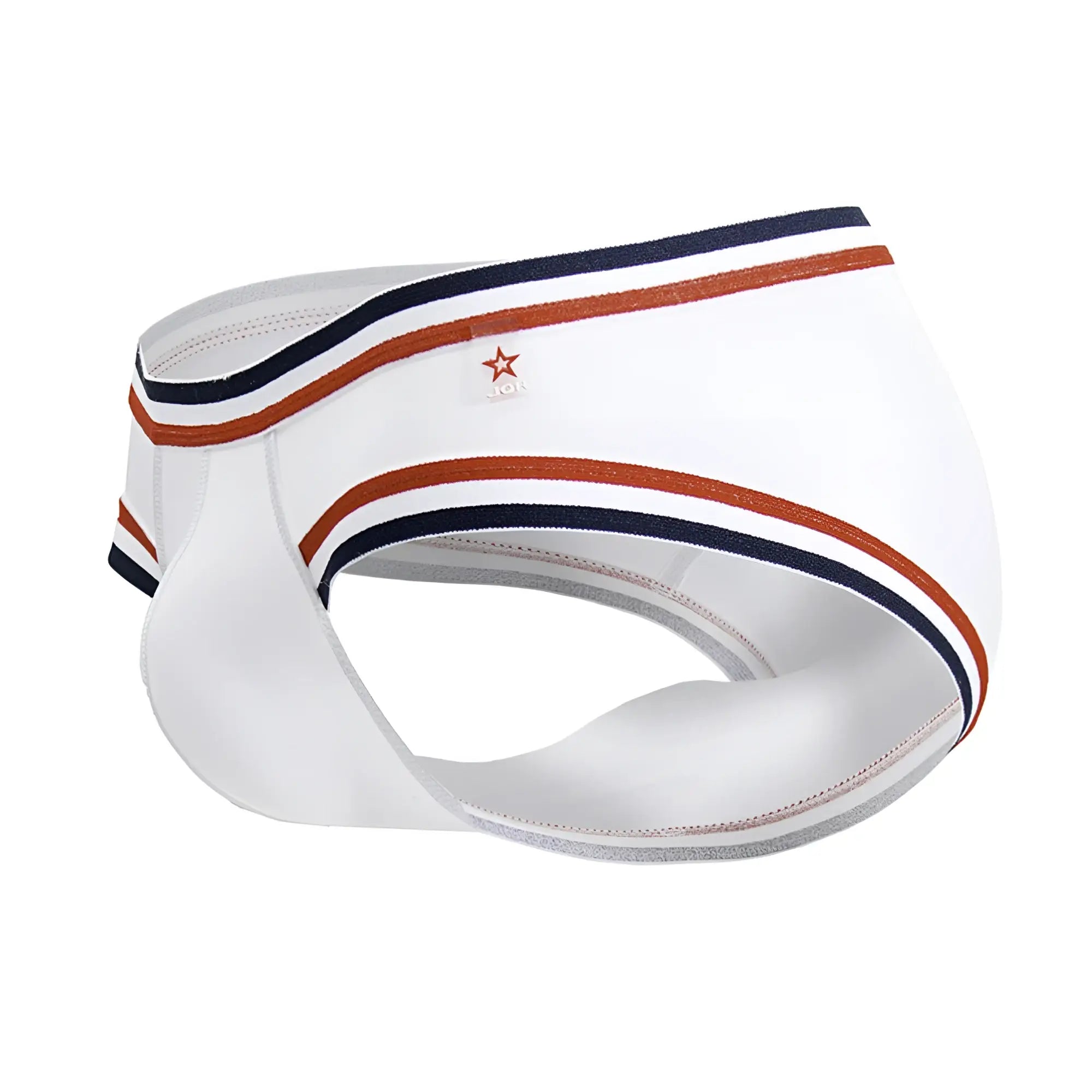 White jor 2169 martini briefs featuring navy and rust striped trim with a red star logo on the waistband