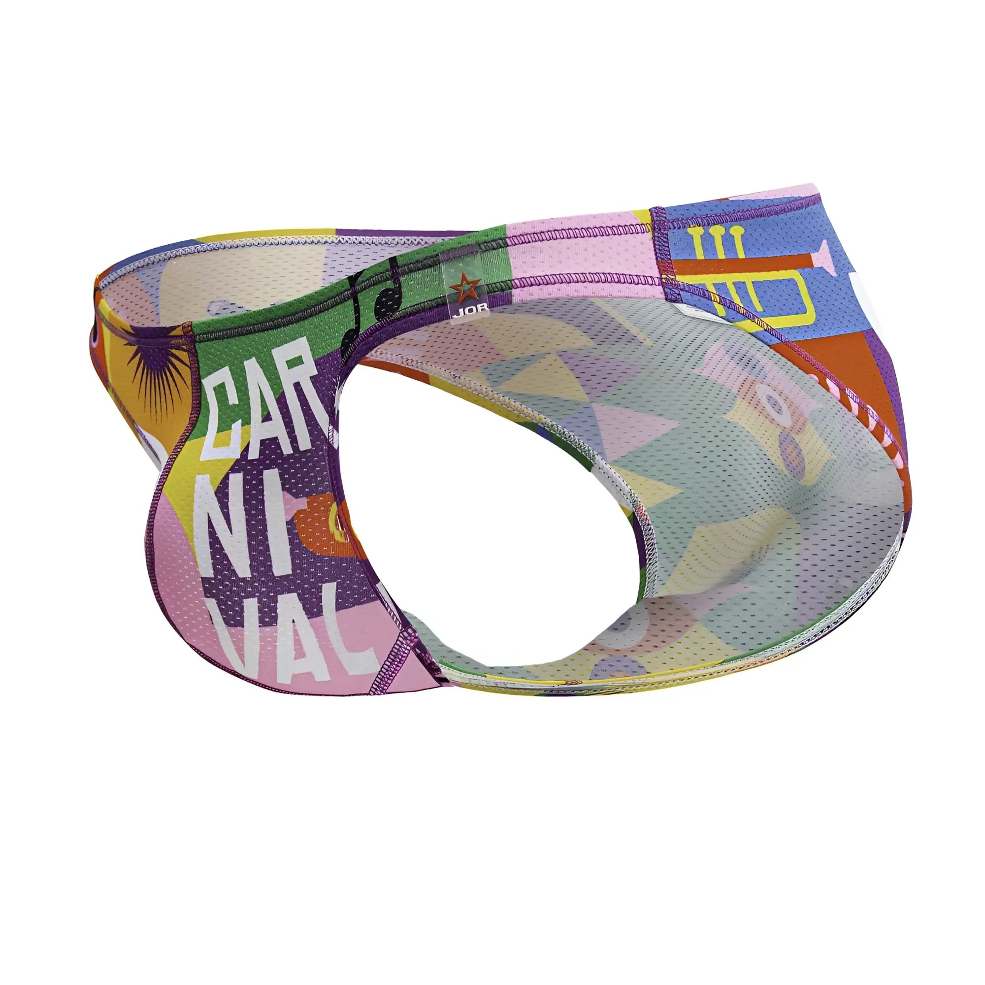 A vibrant multicolored mesh visor with carnival text patchwork and trumpet motifs from jor 2171 carnival bikini color printed