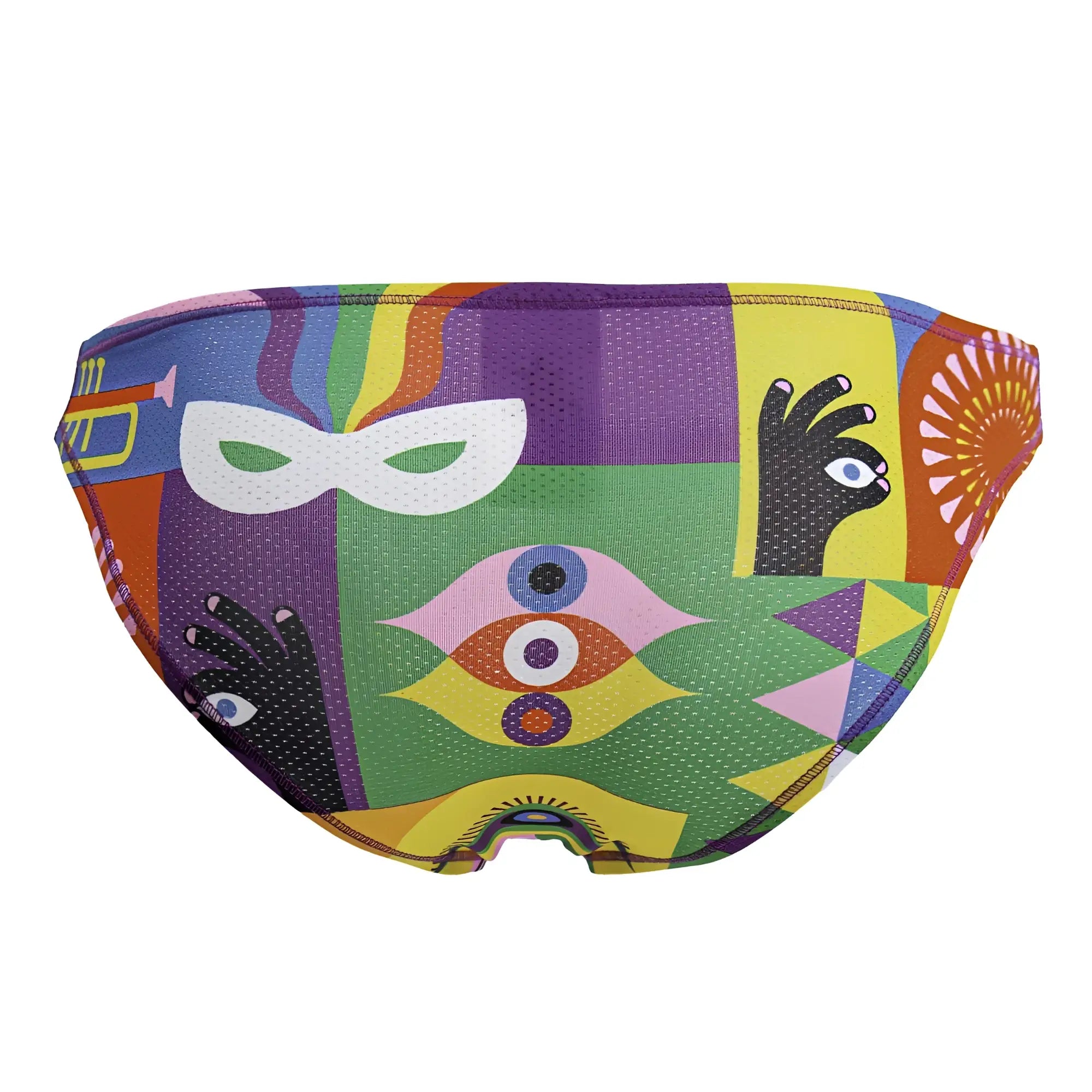 Jor 2171 carnival bikini color printed vibrant multicolored swim trunks with bold abstract masks hands and eyes on mesh fabric