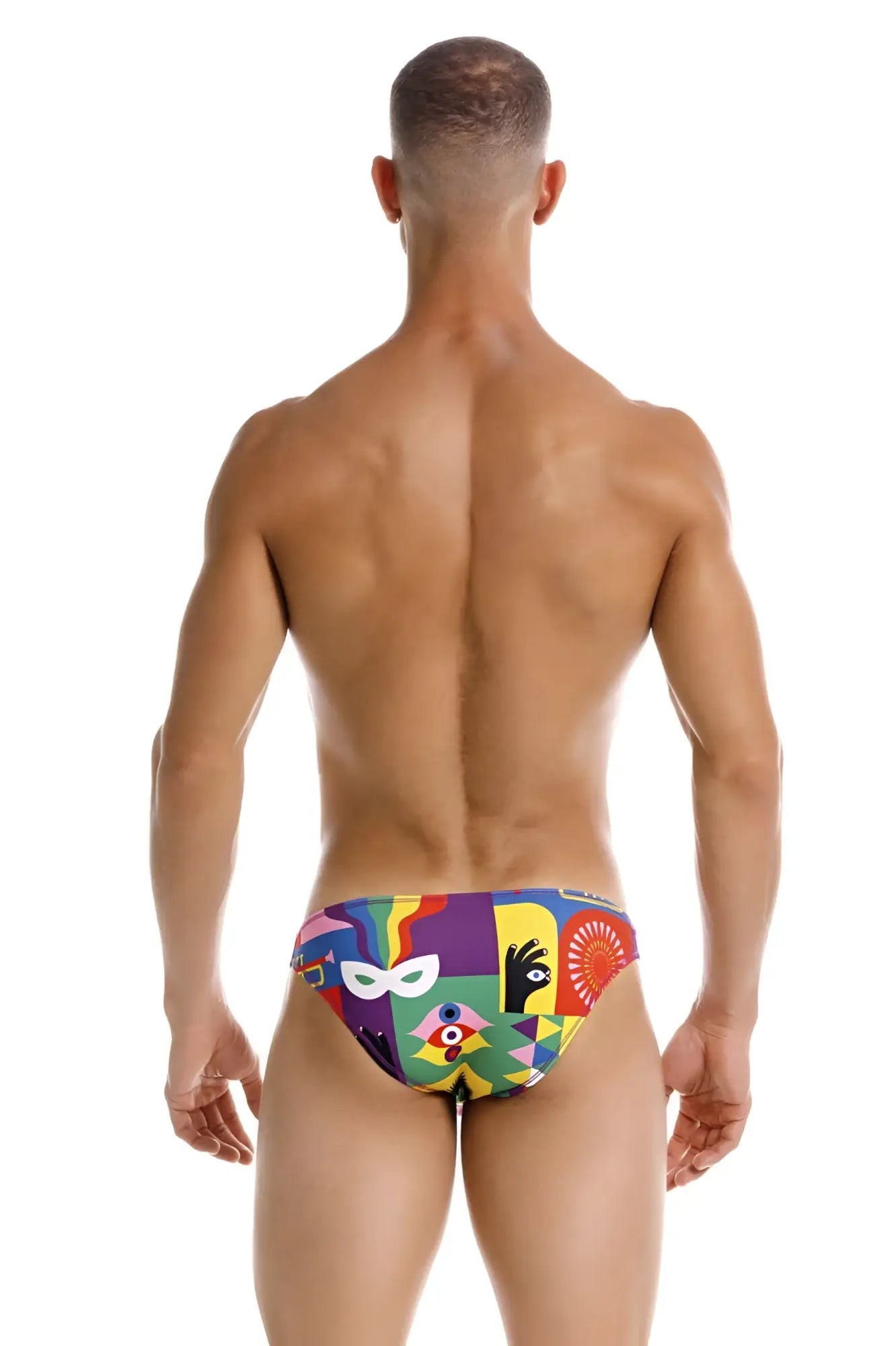 Vibrant multicolored jor 2171 carnival bikini color printed swim trunks with bold mask and abstract graphic design