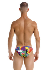 Vibrant multicolored jor 2171 carnival bikini color printed swim trunks with bold mask and abstract graphic design