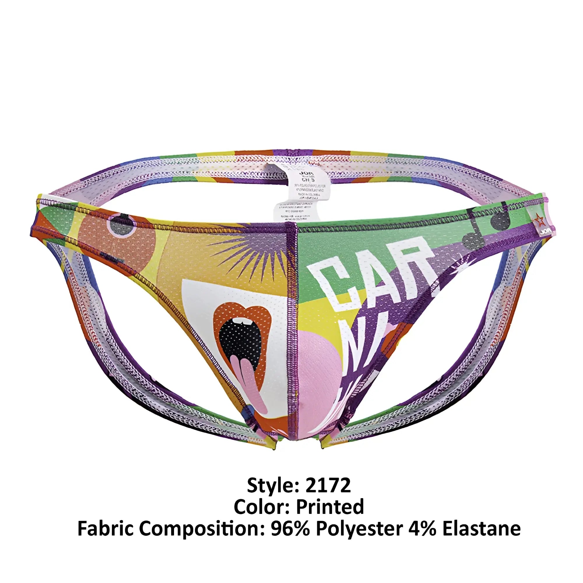 Vibrant printed men’s briefs jor 2172 carnival jockstrap with bold rainbow graphic and white carna lettering