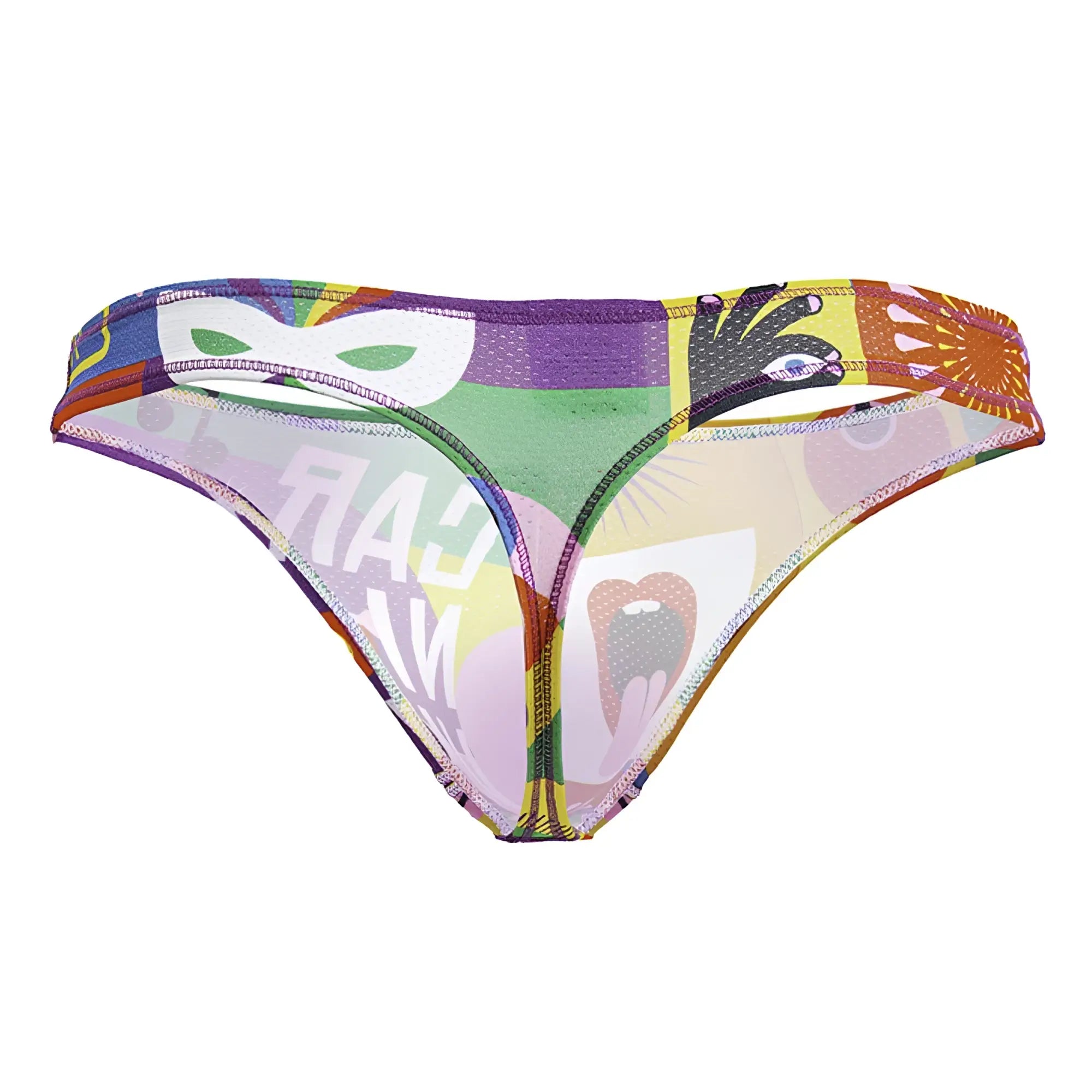 Vibrant multicolored jor 2173 carnival thongs color printed bikini bottom with bold graphic masks and abstract designs