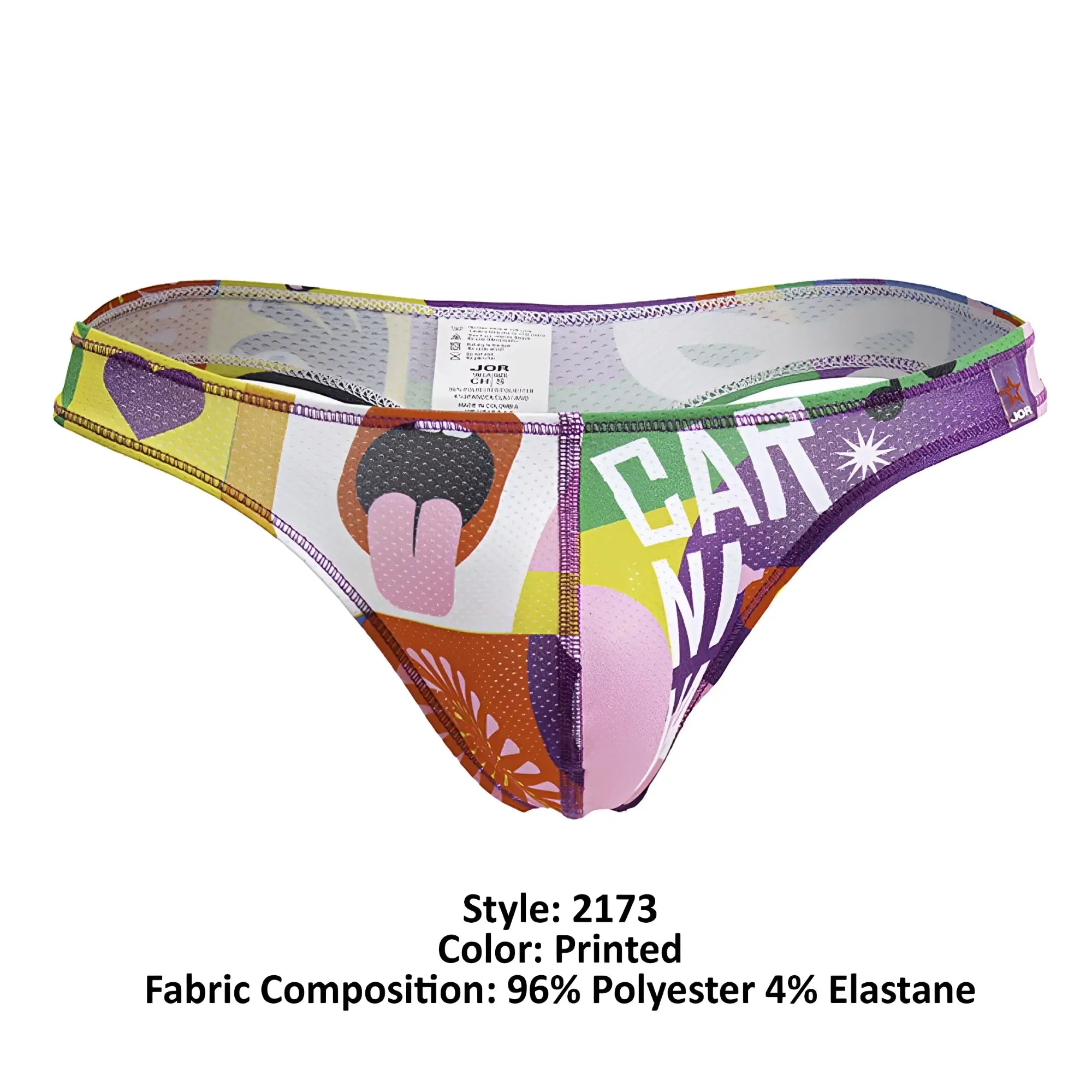 Vibrant jor 2173 carnival thong with multicolored cat print patchwork in purple yellow green pink and orange