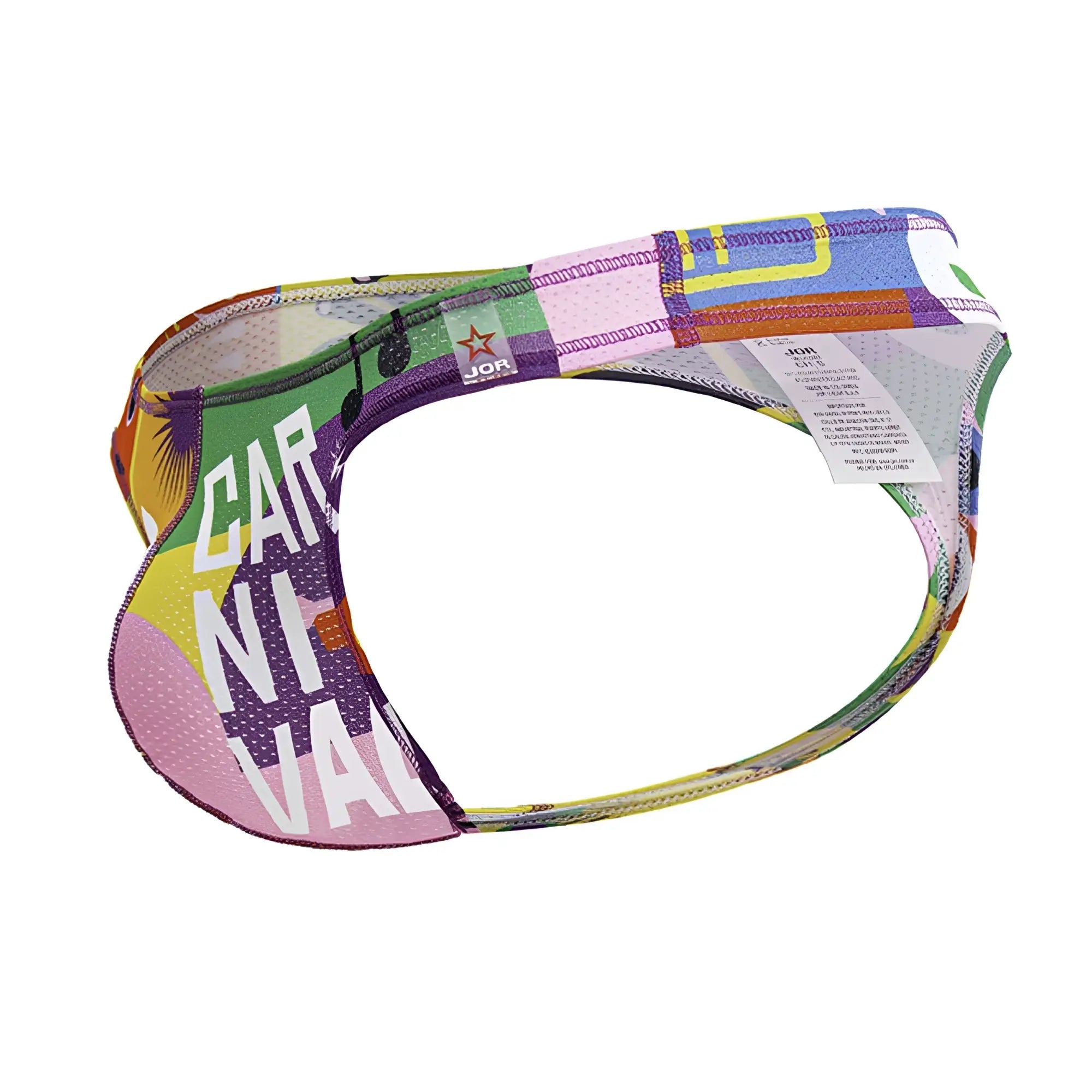 A vibrant multicolored carnival visor with bold graphic and musical notes printed on fabric for festive wear