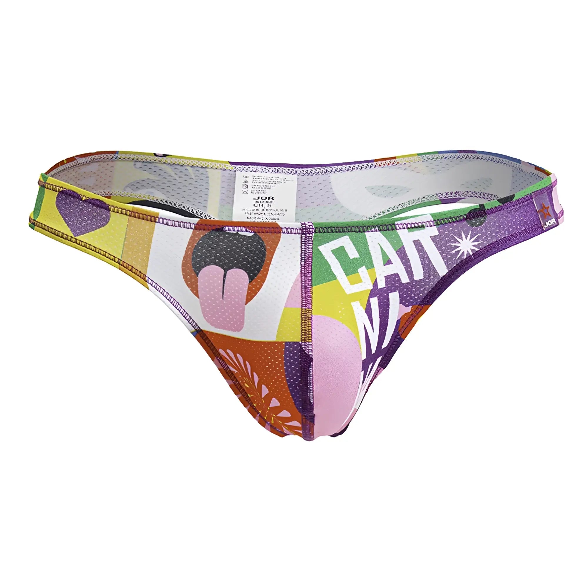 Jor 2173 carnival thongs color printed vibrant patchwork thong with cartoon cat graphics on stretchy fabric