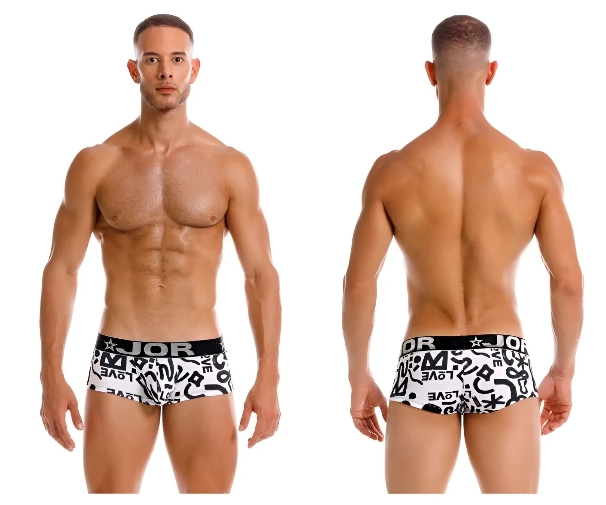 White briefs with black graffiti lettering and black jor waistband from the jor 2185 love trunks color printed collection