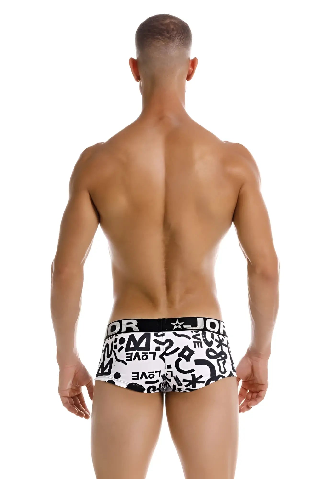 White briefs with black graphic print and black jor waistband in the jor 2185 love trunks color printed design