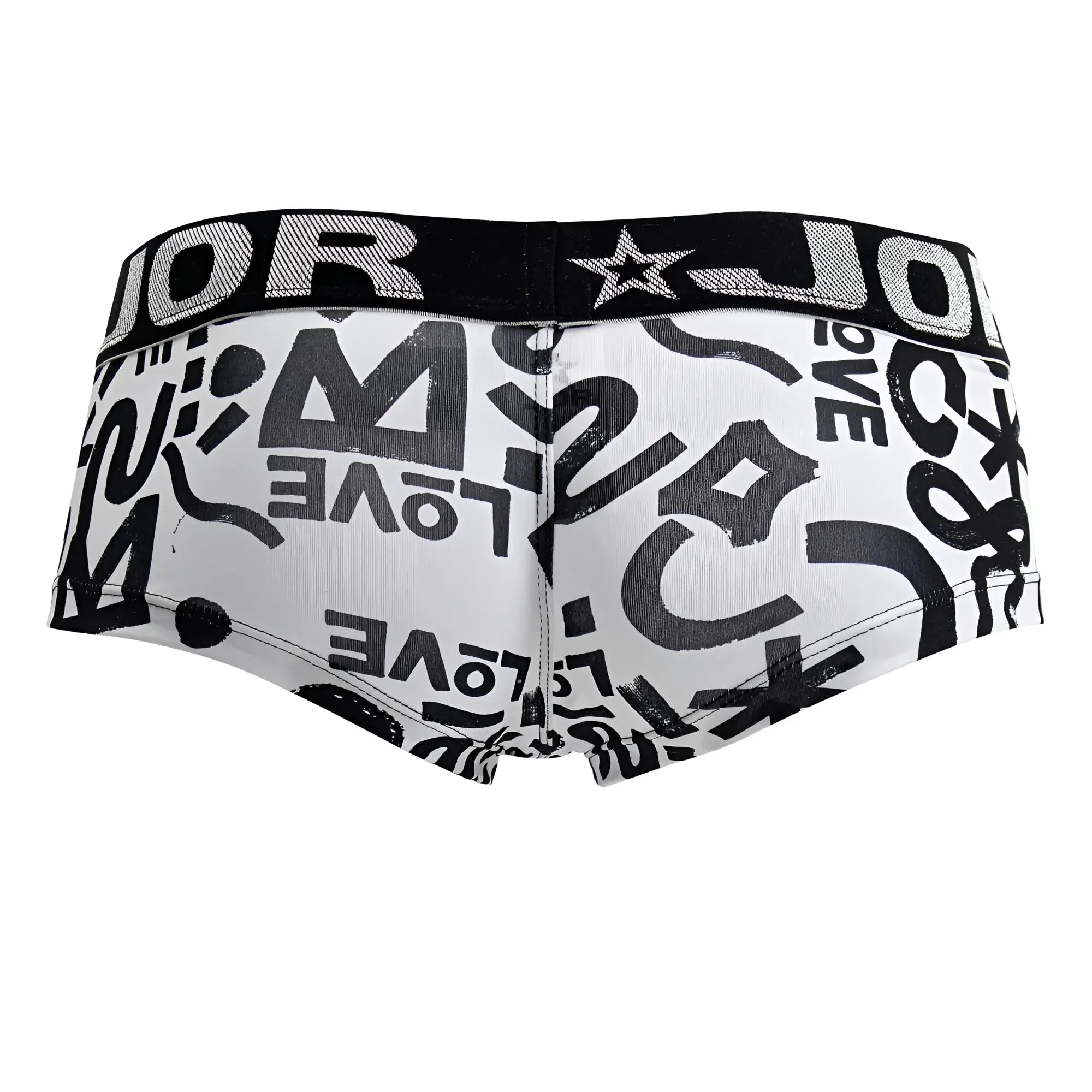 White jor 2185 love trunks briefs with black graffiti love print and black waistband with jor branding in white