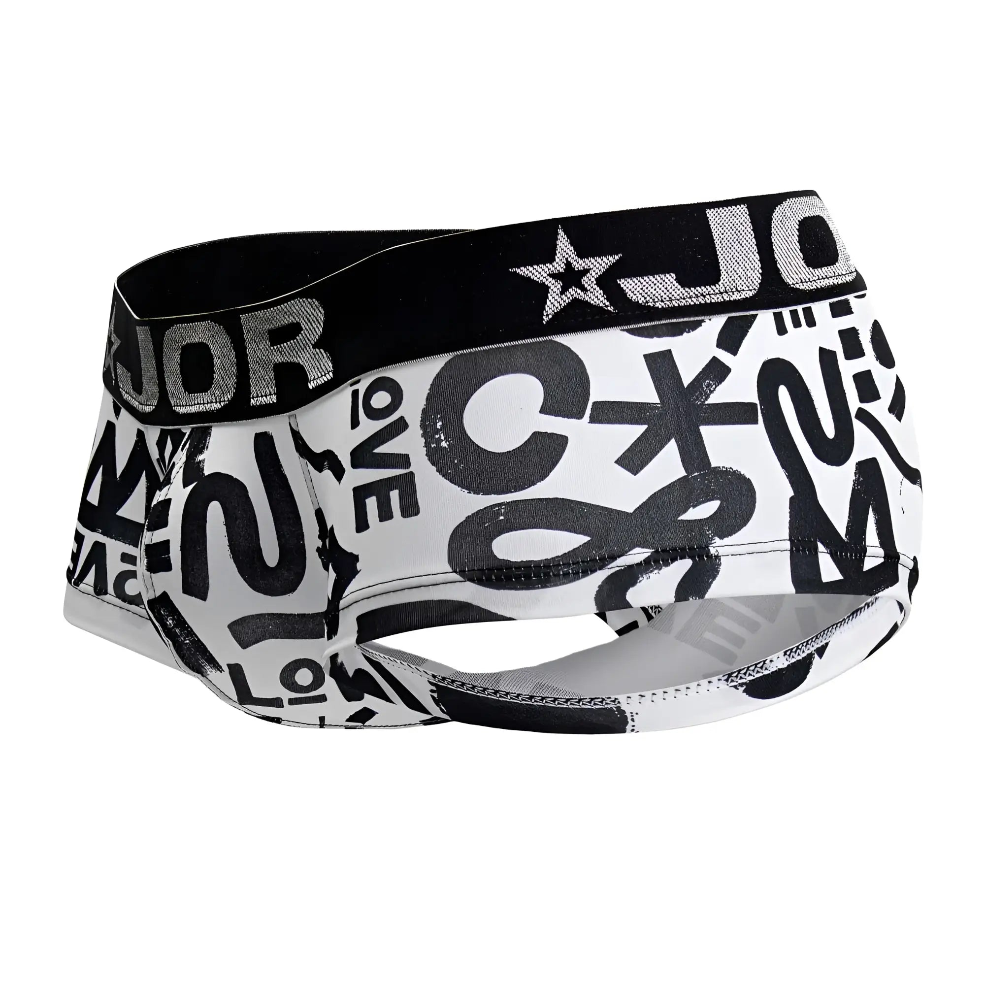 White boxer briefs jor 2185 love trunks with black graffiti lettering and black waistband with silver glitter branding