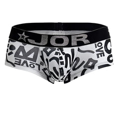 White men’s briefs jor 2185 love trunks with black graffiti lettering and black waistband with silver glitter logo