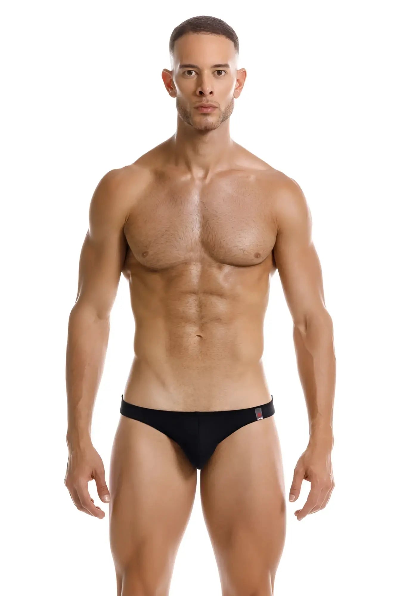 Black jor 2191 travel swim bikini briefs with subtle red and white logo on waistband perfect for swimming