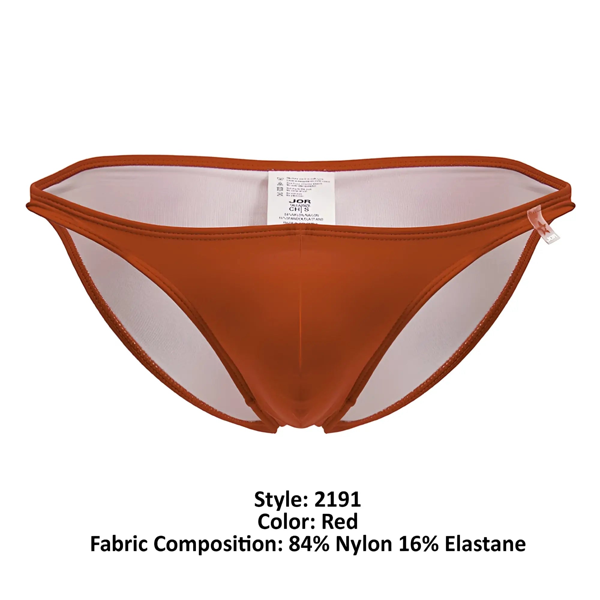 Red men’s briefs jor 2191 travel swim bikini with sheer mesh panel made of 84% nylon and 16% elastane