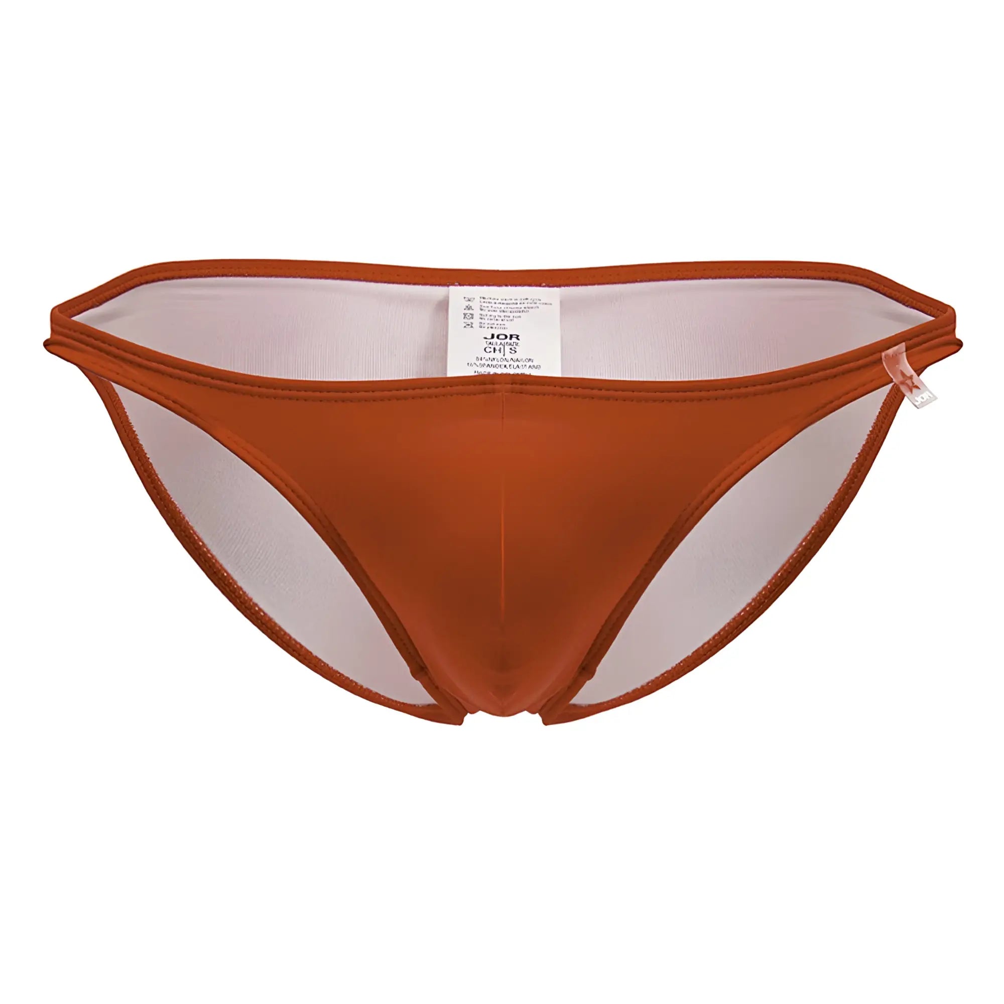 A sleek rust-orange travel swim bikini bottom with sheer mesh panel and elastic waistband in red color
