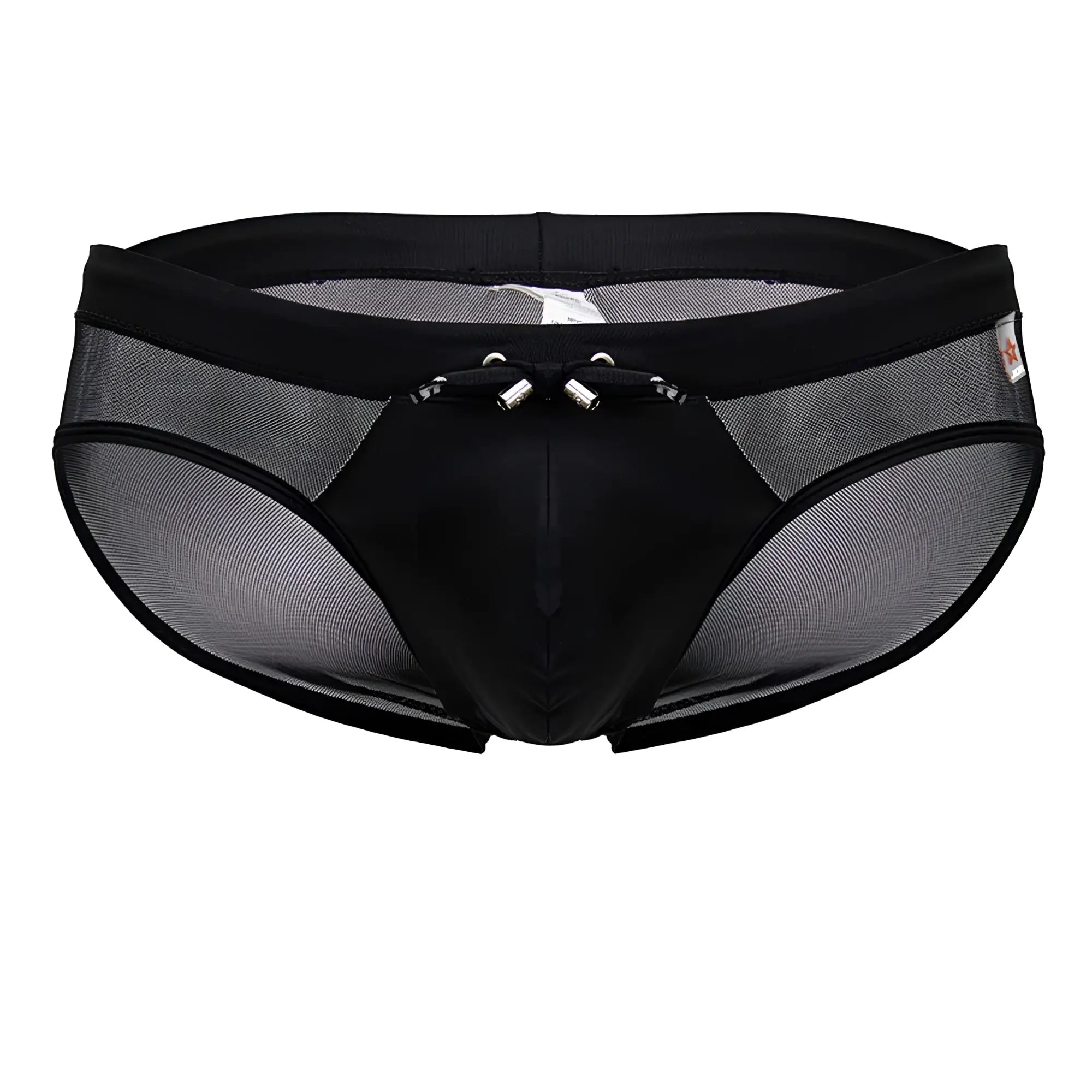 Black jor 2193 mystic swim briefs with mesh fabric solid front panel and silver metal clasps at waistband