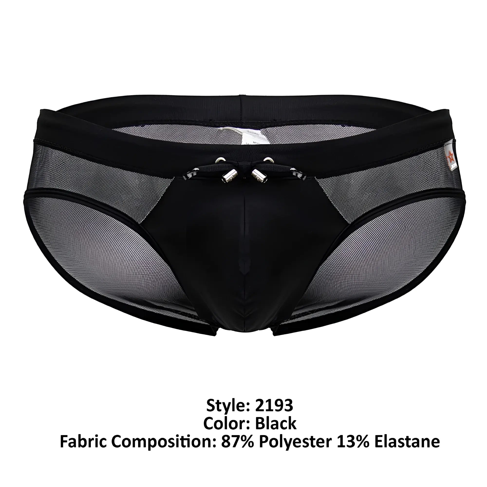 Jor 2193 mystic swim briefs in black mesh with solid front panel and silver metal clasps at the waistband