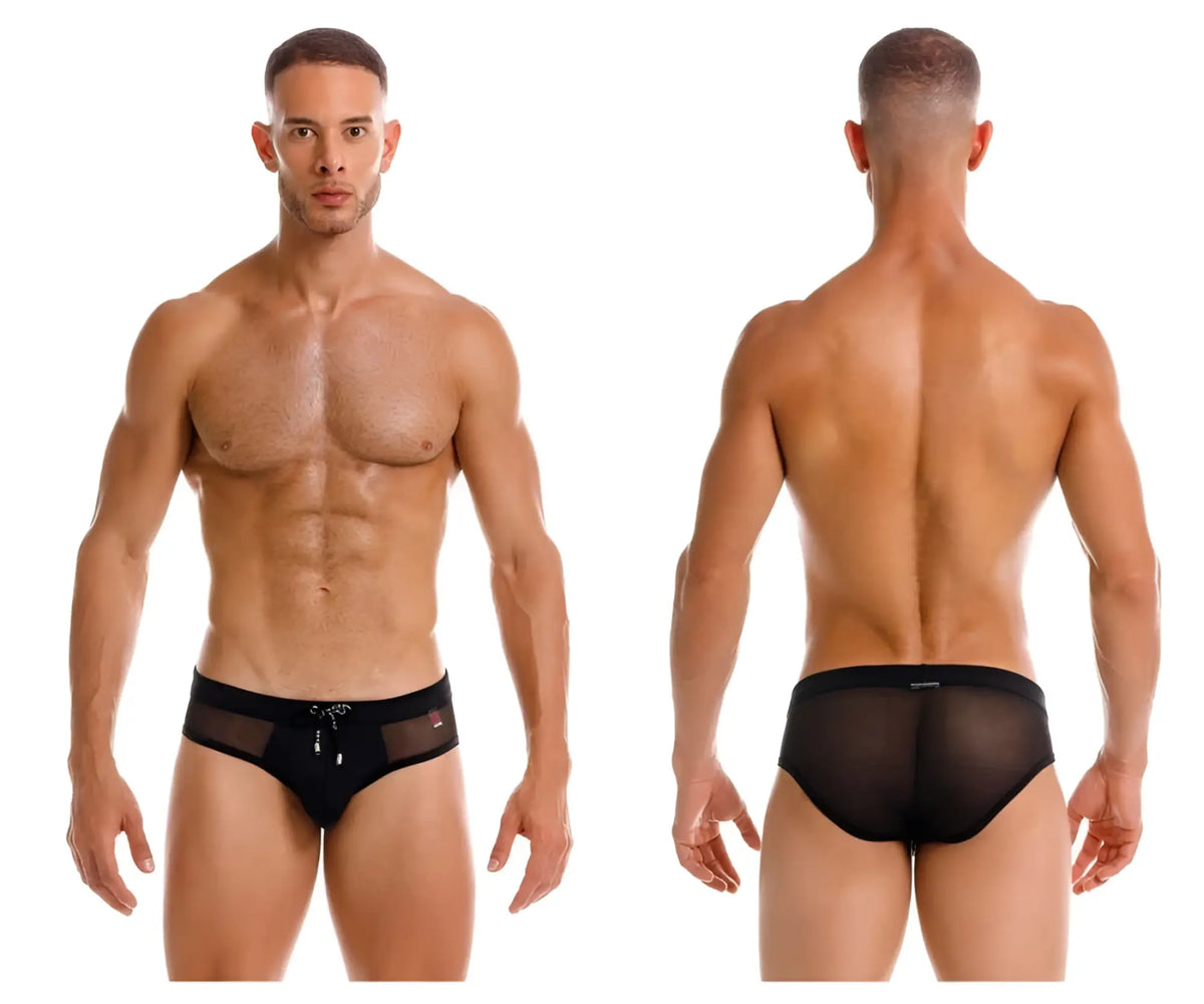 Black jor 2193 mystic swim briefs made of mesh with a solid waistband and silver zipper detail at the front