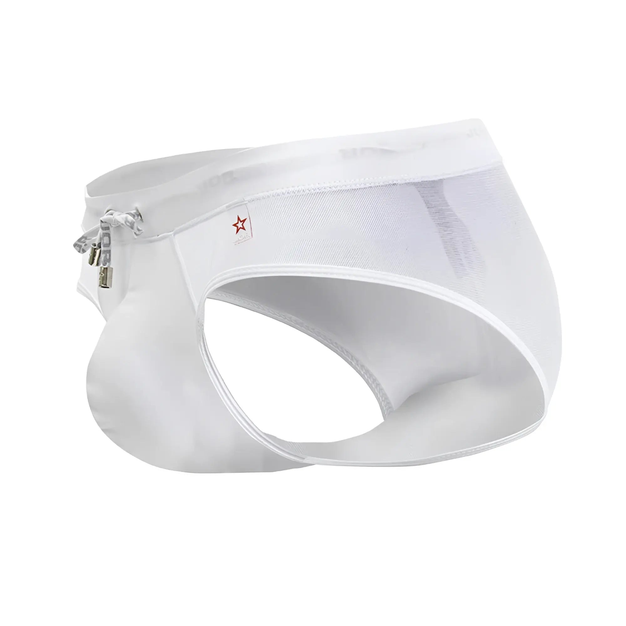 White mesh jor 2193 mystic swim briefs with side zipper and small red star logo for men