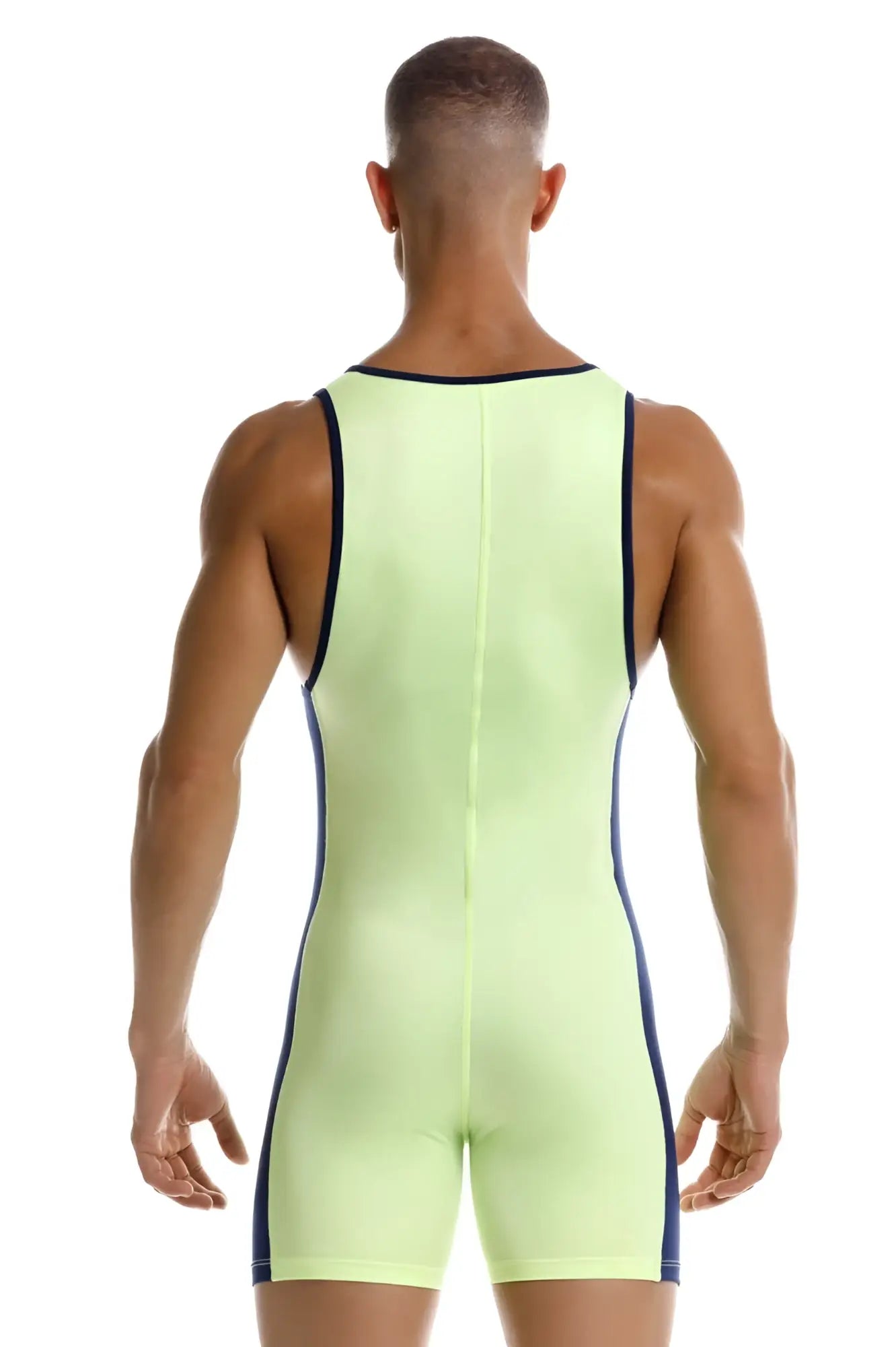 Neon green jor 2216 fighter bodysuit with black trim along sides and neckline in a sleek athletic one-piece design