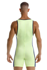 Neon green jor 2216 fighter bodysuit with black trim along sides and neckline in a sleek athletic one-piece design
